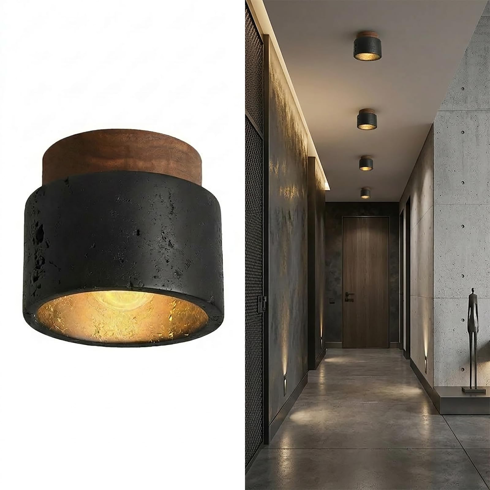 KXEcoLife Natural Stone Marble Semi Flush Mount Ceiling Light, Vintage Farmhouse Kitchen Lighting Fixtures Ceiling, Rustic Hallway Light Fixture for Bedroom, Bathroom, Dining Room (Black,One