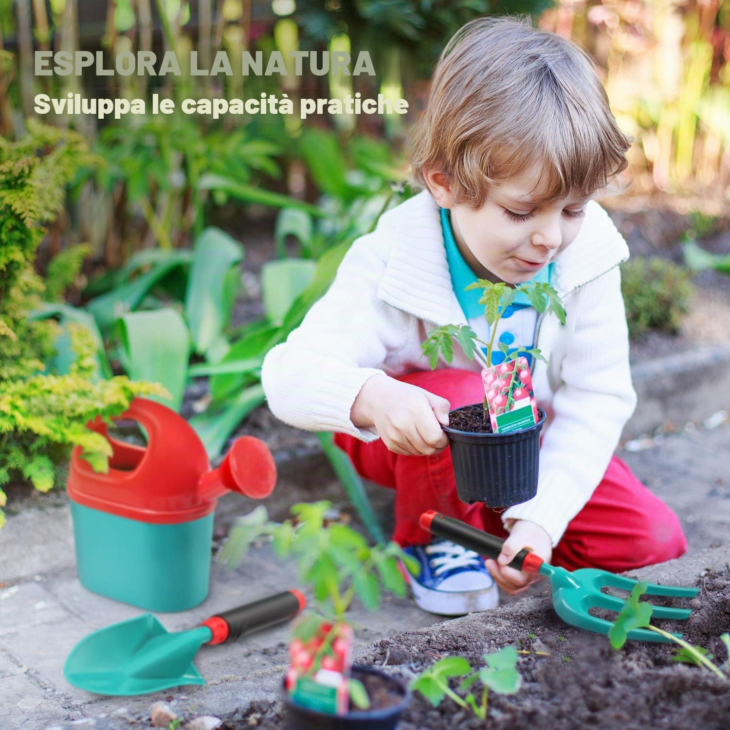 CUTE STONE Carriola Bambini Set attrezzi giardinaggio, giocattoli giardino, guanti, rastrello, pala zappa, regalo