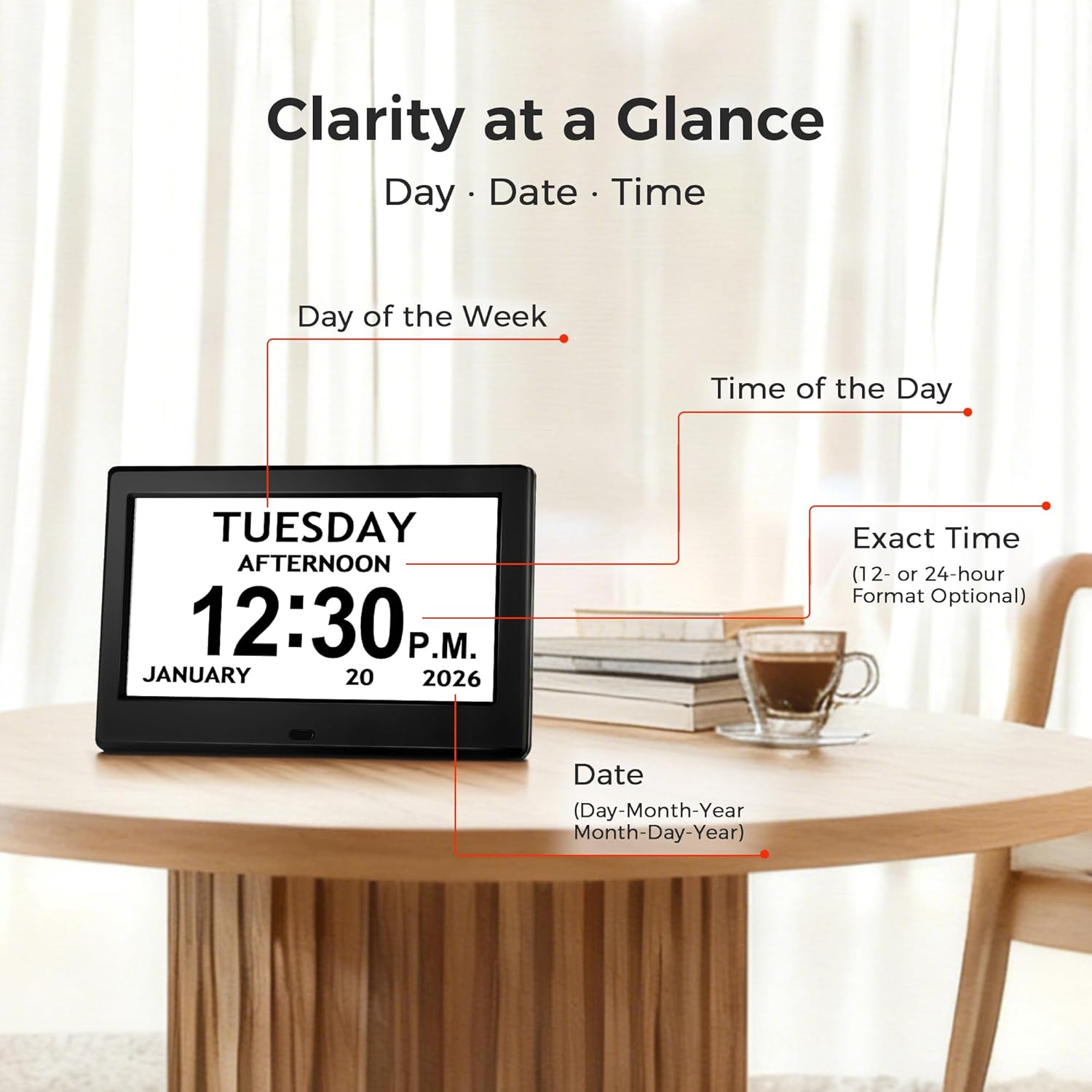 7'' Digital Clock, Dementia Clock With Date And Time, 10 Reminders, 6 Alarms, Auto-Dimming, Auto DST, Remote Control, Large Display Alarm Clock For Seniors, Gifts For People With Dementia, Alzheimers