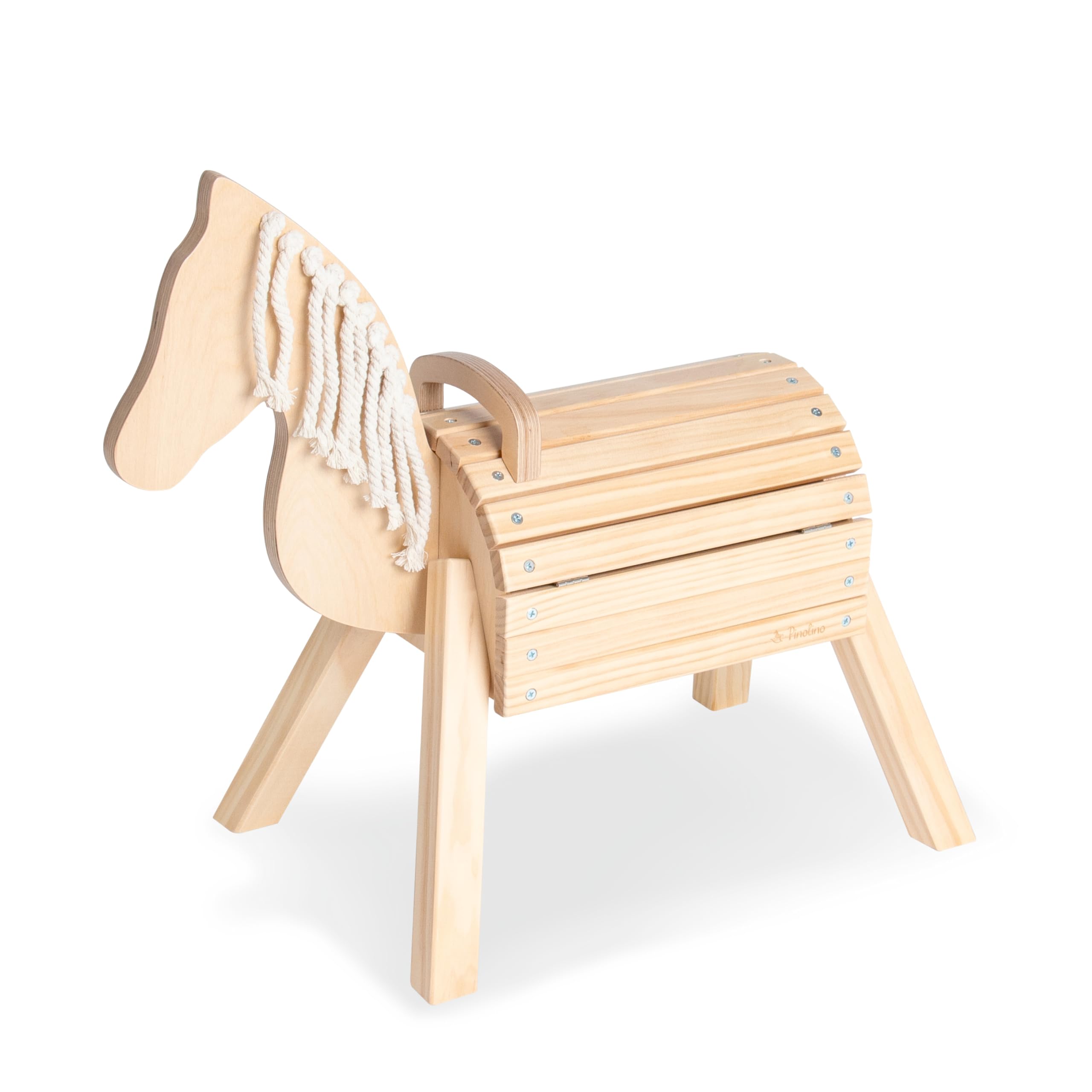 PINOLINO Holzpferd Nelli, Spielpferd aus Birke & Fichte, klar lackiert, Reitpferd mit Stauraum, Holzpony mit Mähne aus Baumwolle, 70x33x55 cm, fürs Kinderzimmer, bis 40 kg, für Kinder ab 2 Jahren,