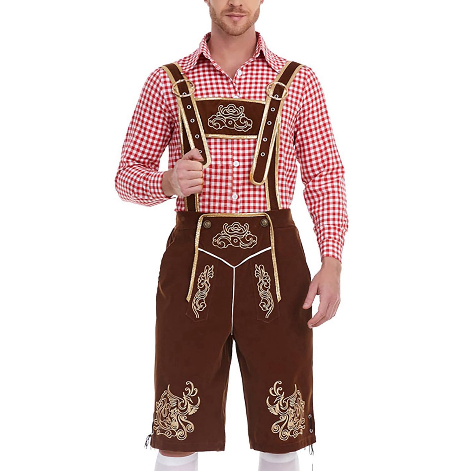 Lederhose Herren Tracht Set Kurz, Lederhose Herren Tracht, 2-Teilig Trachten Lederhose + Trachtenhemd Männer Trachtenhose M.träger Kariertes Deutsches Bayerisches Oktoberfest-Kostüm Set Für Herren