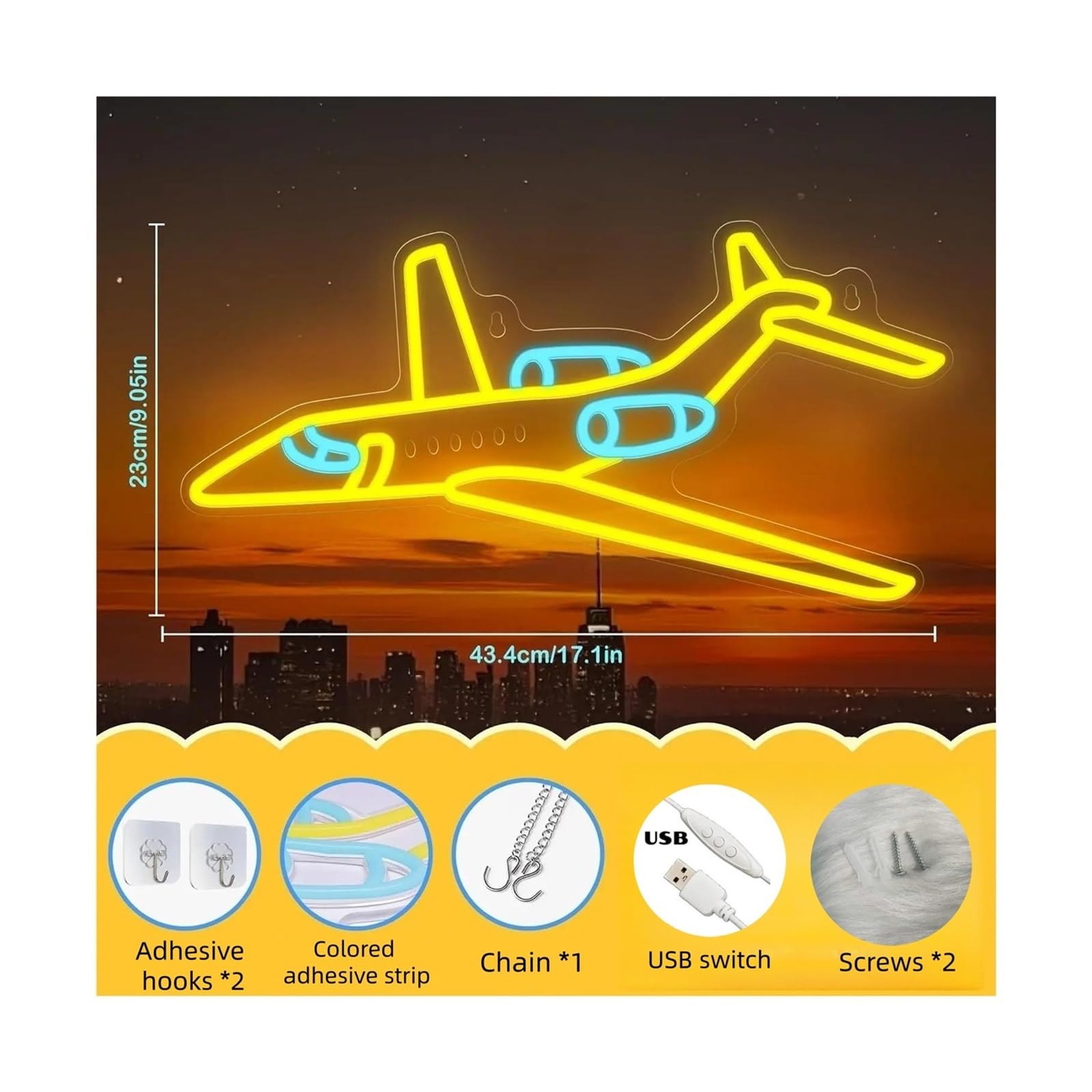 Decoración Lámparas Letrero De Neón De Avión, Luces Amarillas Y Azules Regulables Con Alimentación Por USB, Para Dormitorio Infantil, Sala De Juegos, Tienda, 43.4x24cm