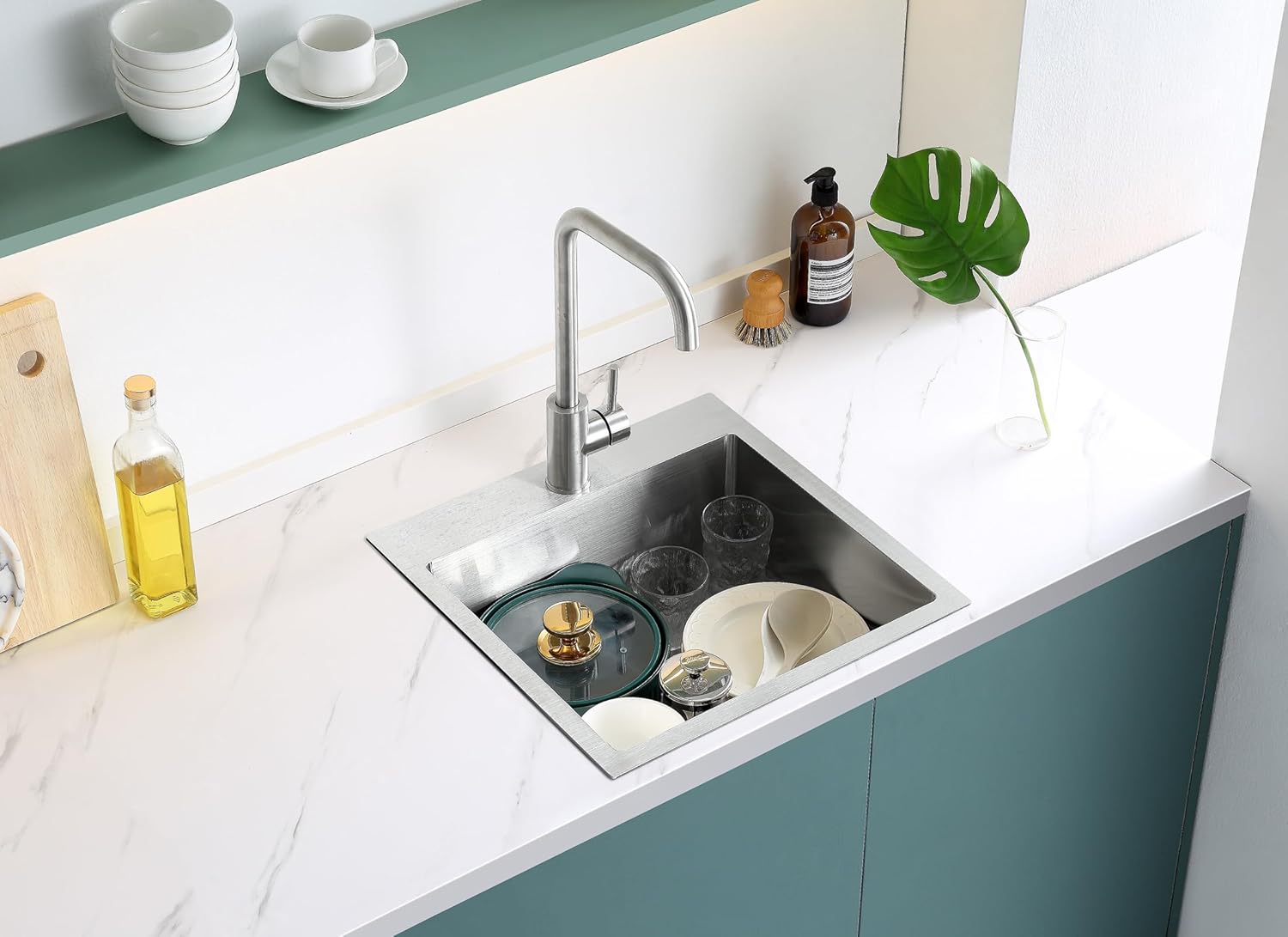 MENATT 18x18 Inch Drop in Kitchen Sink, 304 Stainless Steel Single Bowl Small Sink with X-Shape Drain Groove & Bottom Grid Mat, 9” Deep Bar Sink for Compact Kitchen, Wet Bar, RV, Apartment