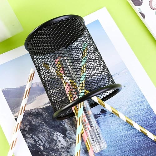 Miniatura 6 de Ameceres Paquete de 4 soportes de malla de alambre para lápices, vasos de metal, estuche organizador de bolígrafos, tarro negro para oficina y hogar