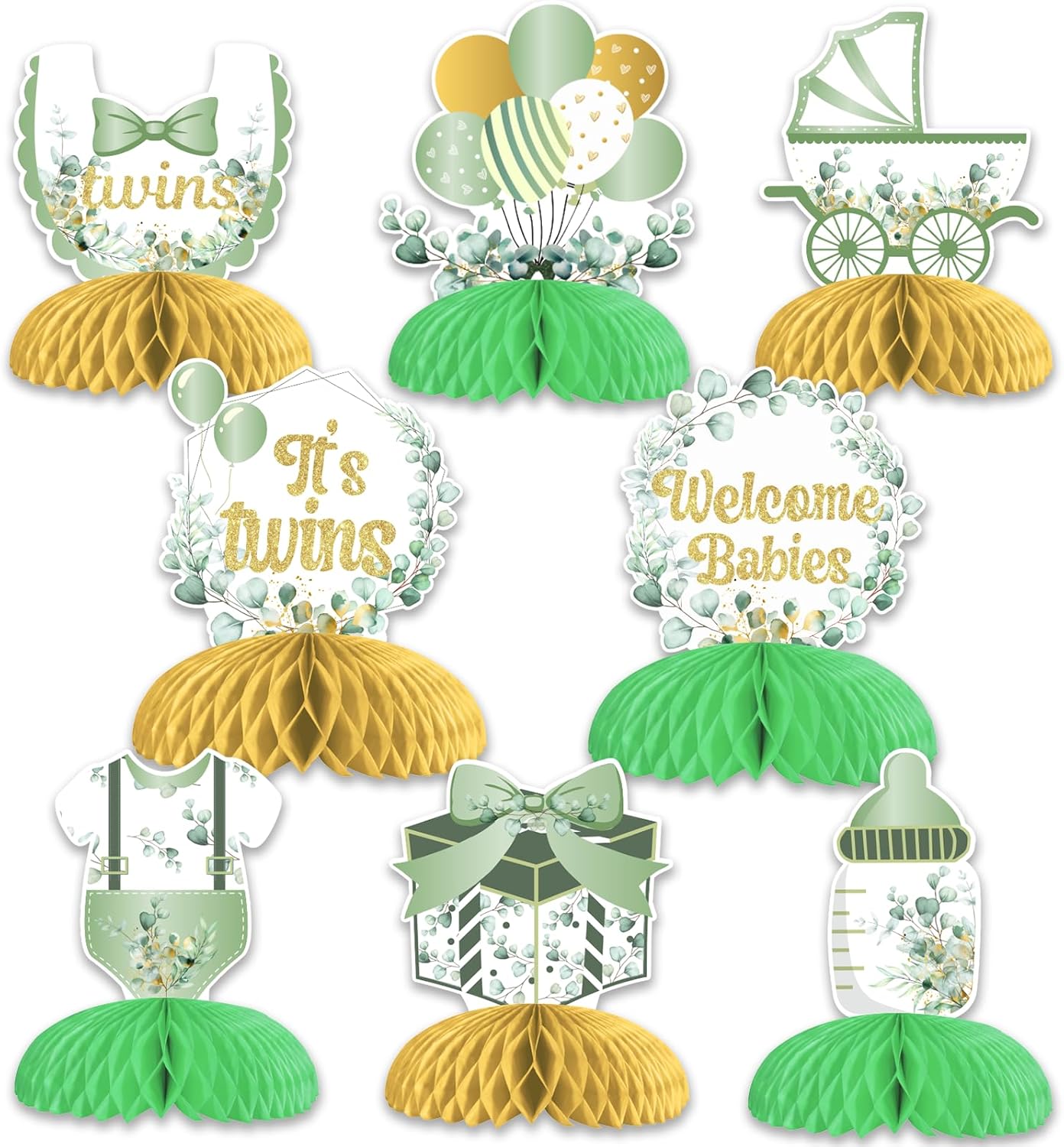 JOYMEMO 8Pcs Greenery Twins Baby Shower Honeycomb Centerpieces, Sage Green Double-Sided Table Toppers Decorations, Gender Reveal Welcome Twins Pregnancy Announcement Party Supplies