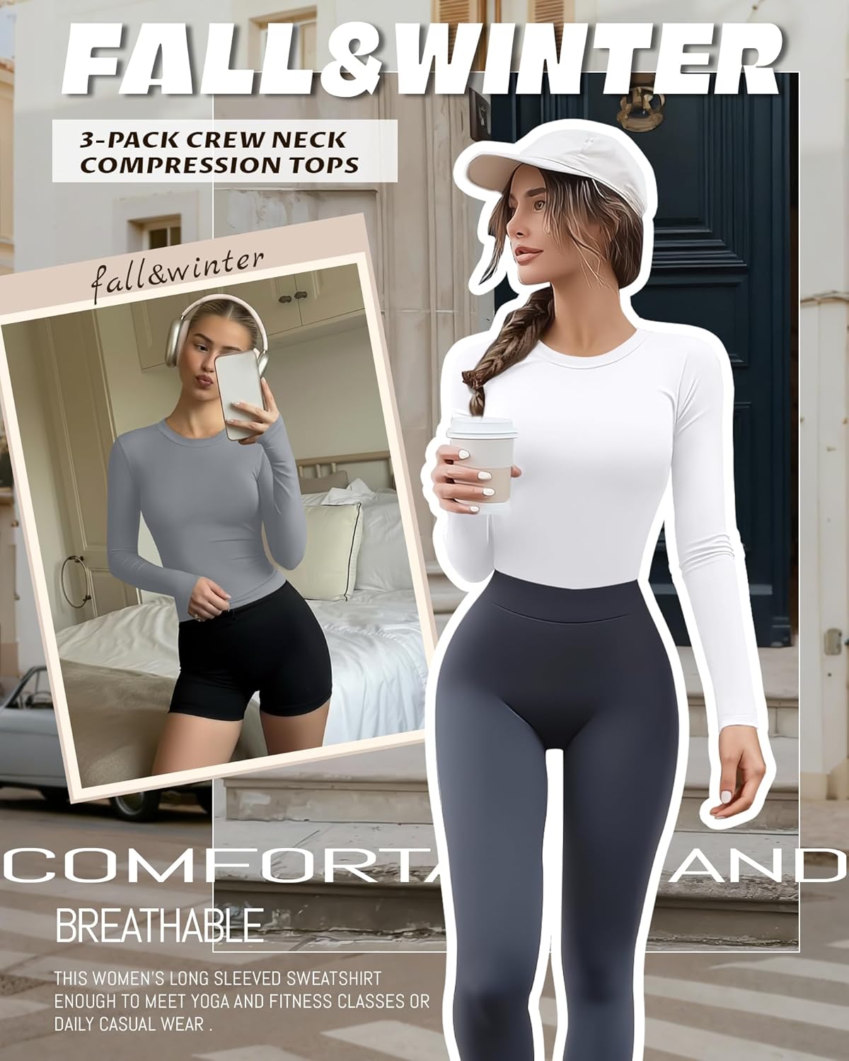 3 Pack Womens Compression Shirts Long Sleeve Crew Neck Tops Slim Fit Undershirts Workout Yoga Athletic - Image 5