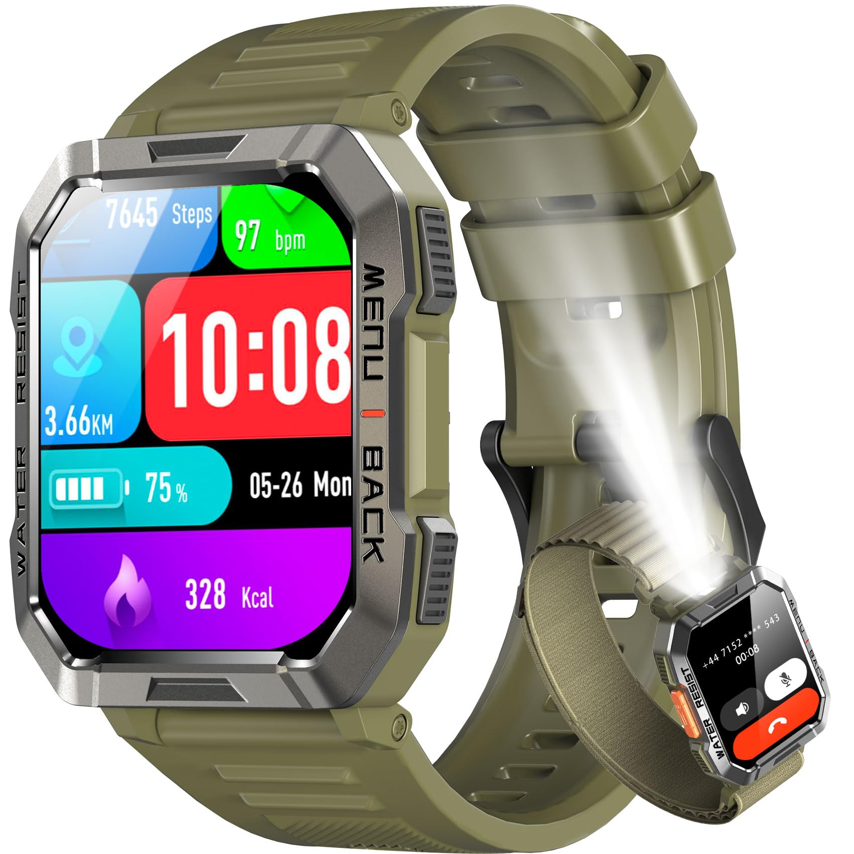 IOWODO SmartWatch Uomo，2.01“ Militari Smart Watch con Torcia/900mAh Batteria/2 Cinturini/Bussola/SpO2/100 Sportive/Cardiofrequenzimetro/Sonno,Orologio Fitness Tracker per iOS/Andriod