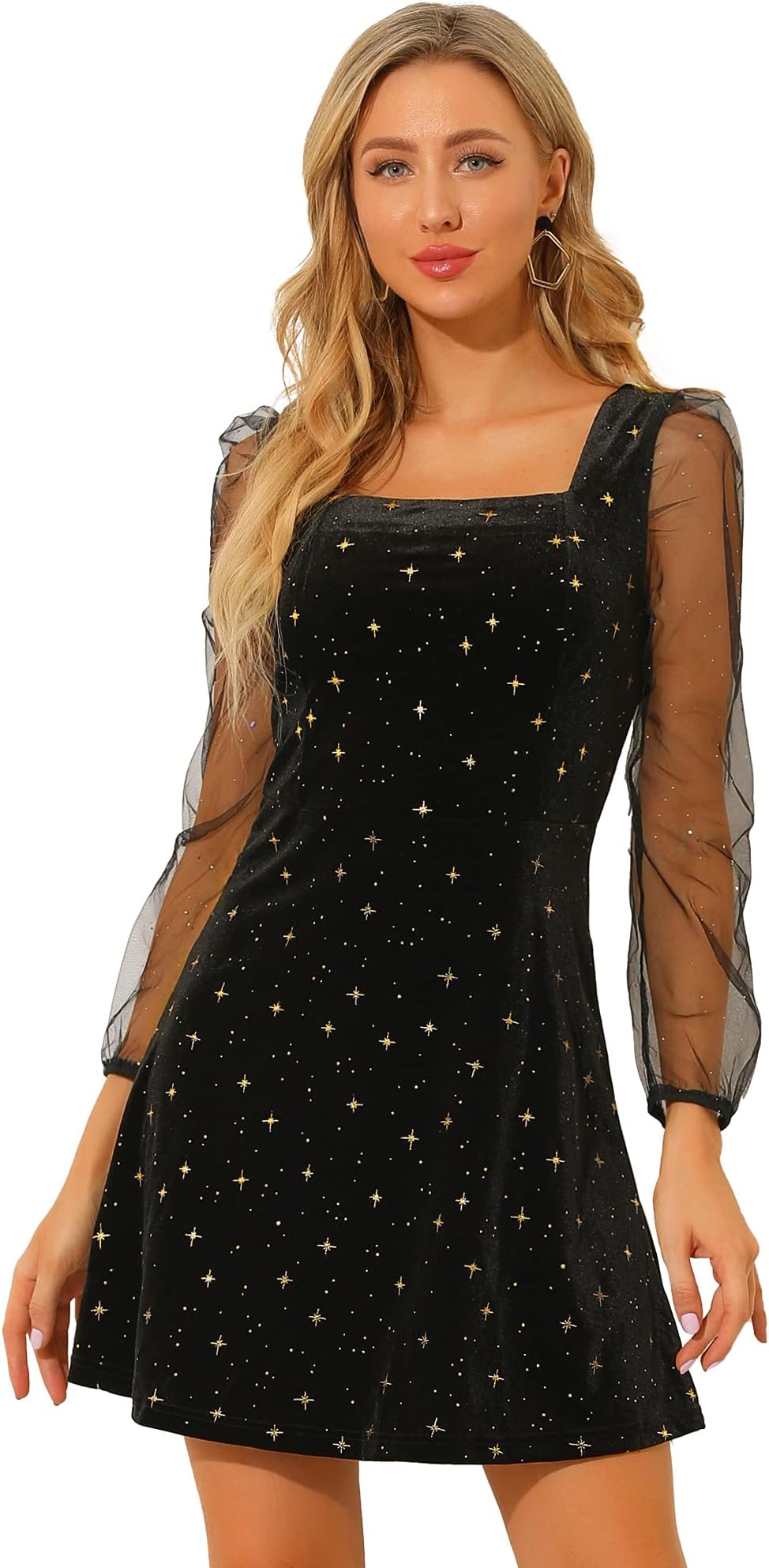 Women's Sparkly Glitter Velvet Mesh Sheer Sleeve Star Metallic Dress