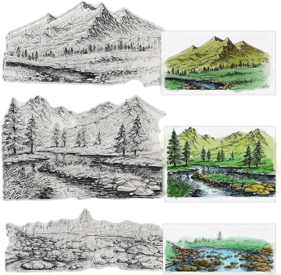 3 PCS Natural Scenery Clear Stamps for Card Making and Photo Album Decorations, Mountain River Background Transparent Rubber Stamps Seal for DIY Scrapbooking