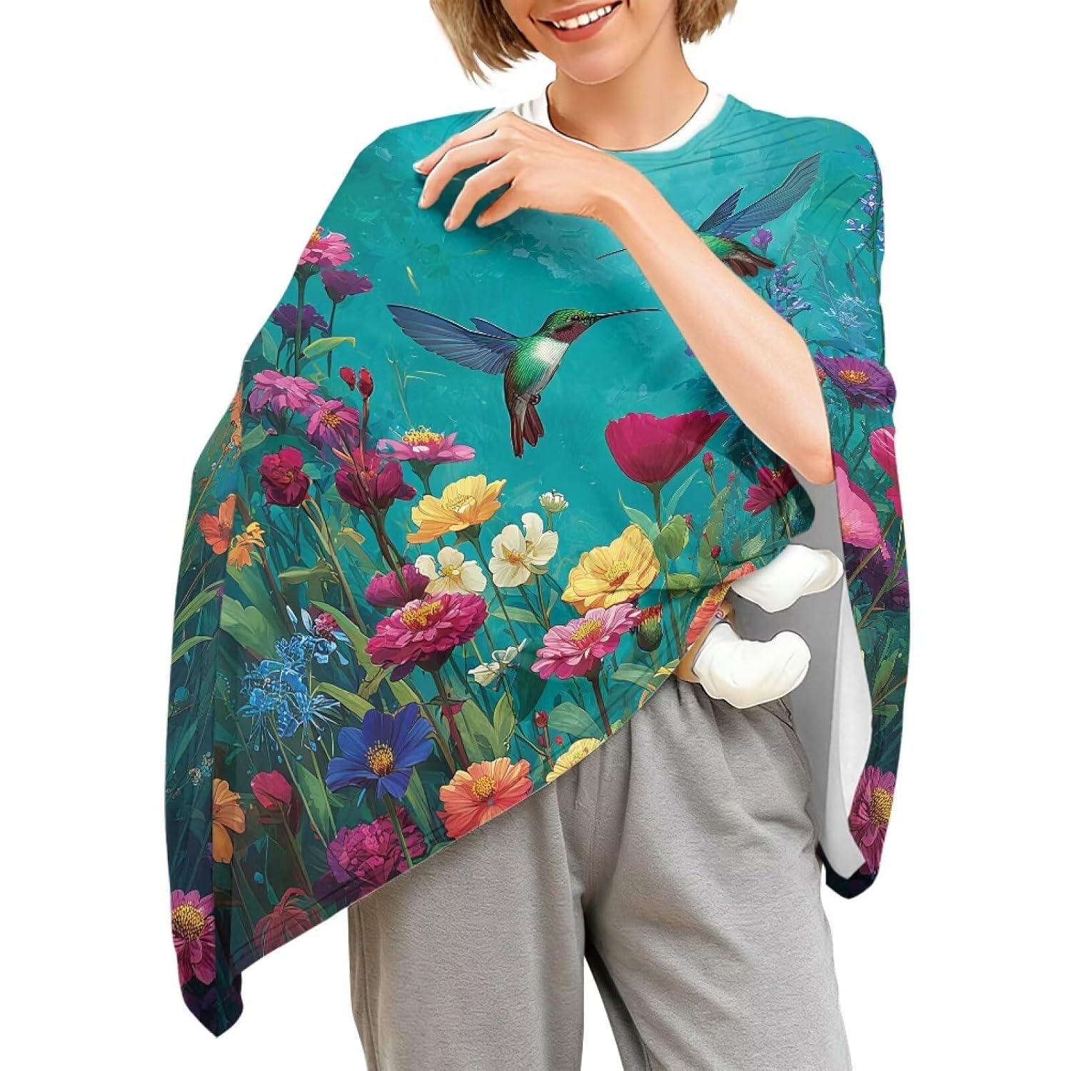 Bright Flower Hummingbird Nursing Cover for Breastfeeding, Lightweight Privacy Poncho, Multi-Use Nursing Shawl, Portable Breast Feeding Covers for Women