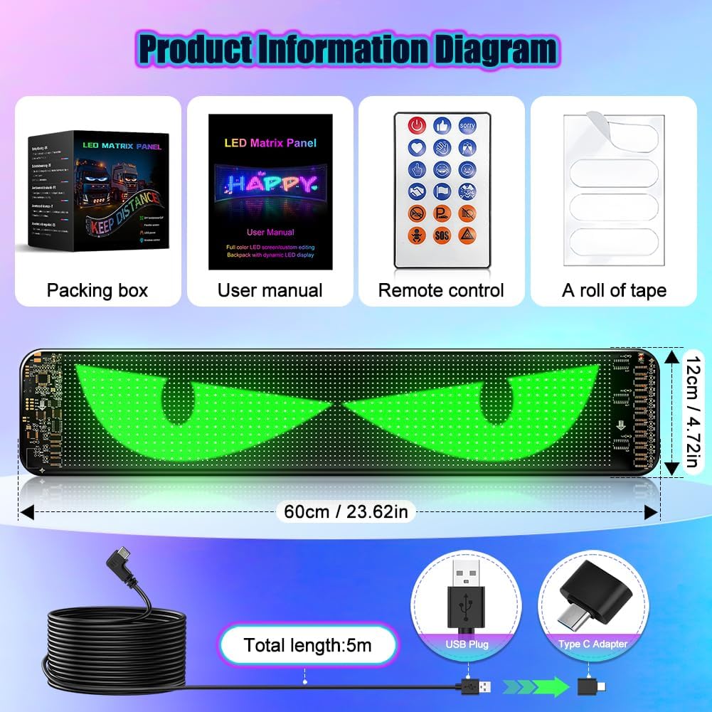 LED Eyes for Car Windshield, 1Pc 23.62"×4.72" Devil Eyes Light, Flexible Programmable LED Display for Cars & Trucks, Custom Scrolling Screen for Lightride Eyes, Car Sign & Advertising