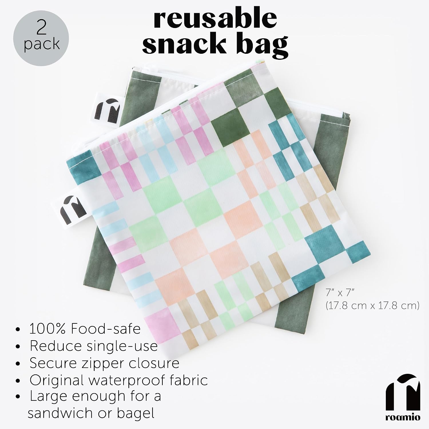 Bumkins Roamio Reusable Sandwich and Snack Bags, for Kids School Lunch and for Adults Portion, Washable Fabric, Waterproof Cloth Zip Travel Pouch, Food-Safe, Large 2-pk Green Stripe and Multi Check