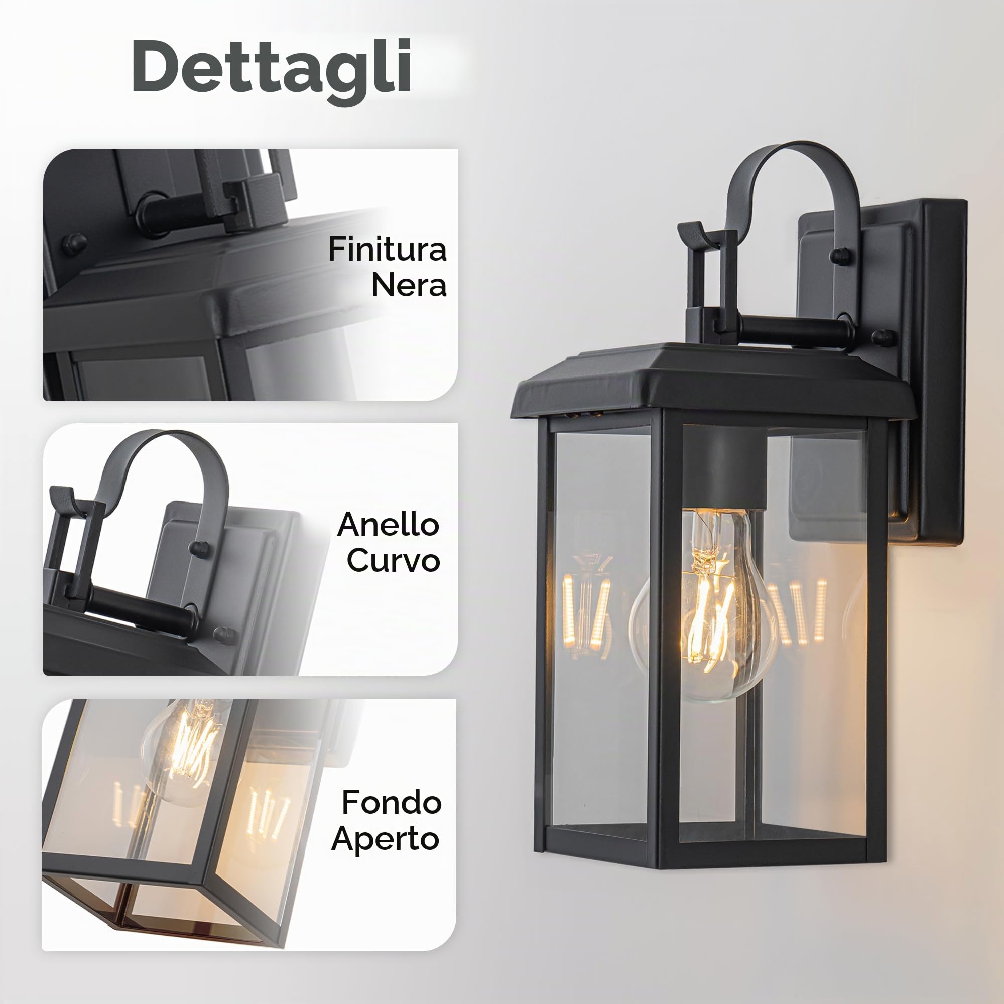 FTL Applique Lanterna da Esterno, Moderno Lampade da Esterno Parete, E27 Max 60W Luci da Parete in Vetro, Nero Lampada da Giardino, IP44 Impermeabile Luci Esterne a Parete per Giardino Porta Anteriore