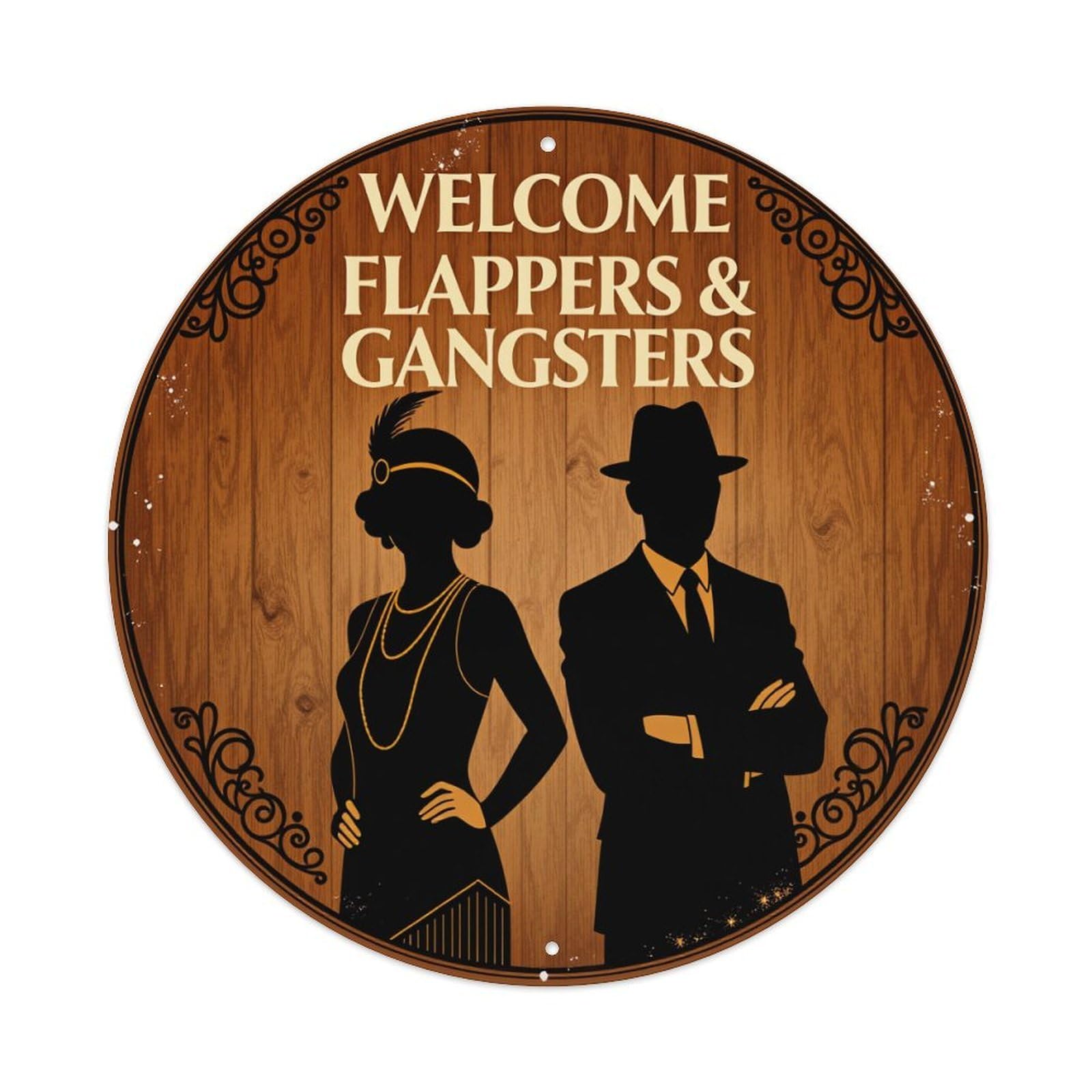 Flapper And Gangster Silhouettes On Wood Metal Tin Sign Vintage Garden Bedroom Cafe Bar Man Cave Home Wall Decor Metal Poster 8x8 inches
