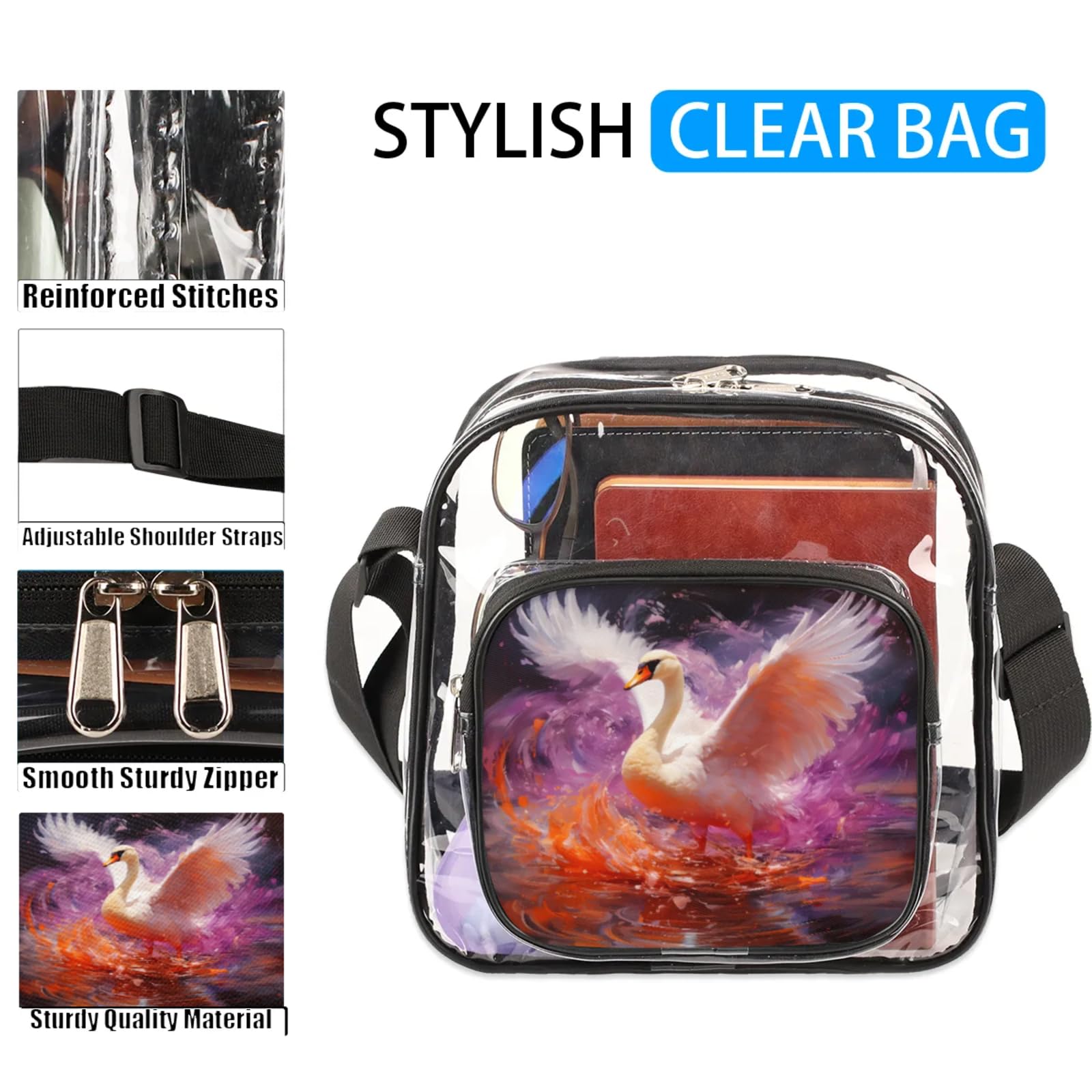 GzLeyigou Clear Crossbody Bag Stadium Approved Swan Transparent Bag for Festivals, Sports Events, Concerts,Beach Bag for Women Men Clear Purse with Front Pocket Messenger Bag with Adjustable Strap