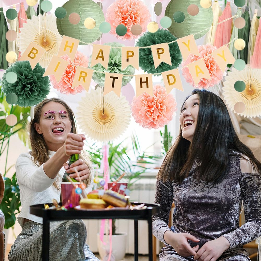 Sage Green and Peach Birthday Decorations Boho Beige Peach and Olive Green Birthday Decorations for Women Girls Cream Fans Pom Poms Sage Olive Pink Cream Tassel Garland Party with Banner Beige Gold - Image 5