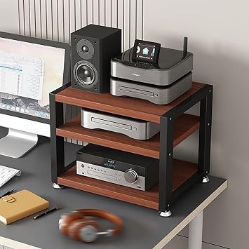 Movable AV Media Stand with Wooden Shelf Portable Desktop Stereo Rack for Video, Audio Components, Corner Cabinet Storage for Computer DeskBrown,3 Tier-W45cm