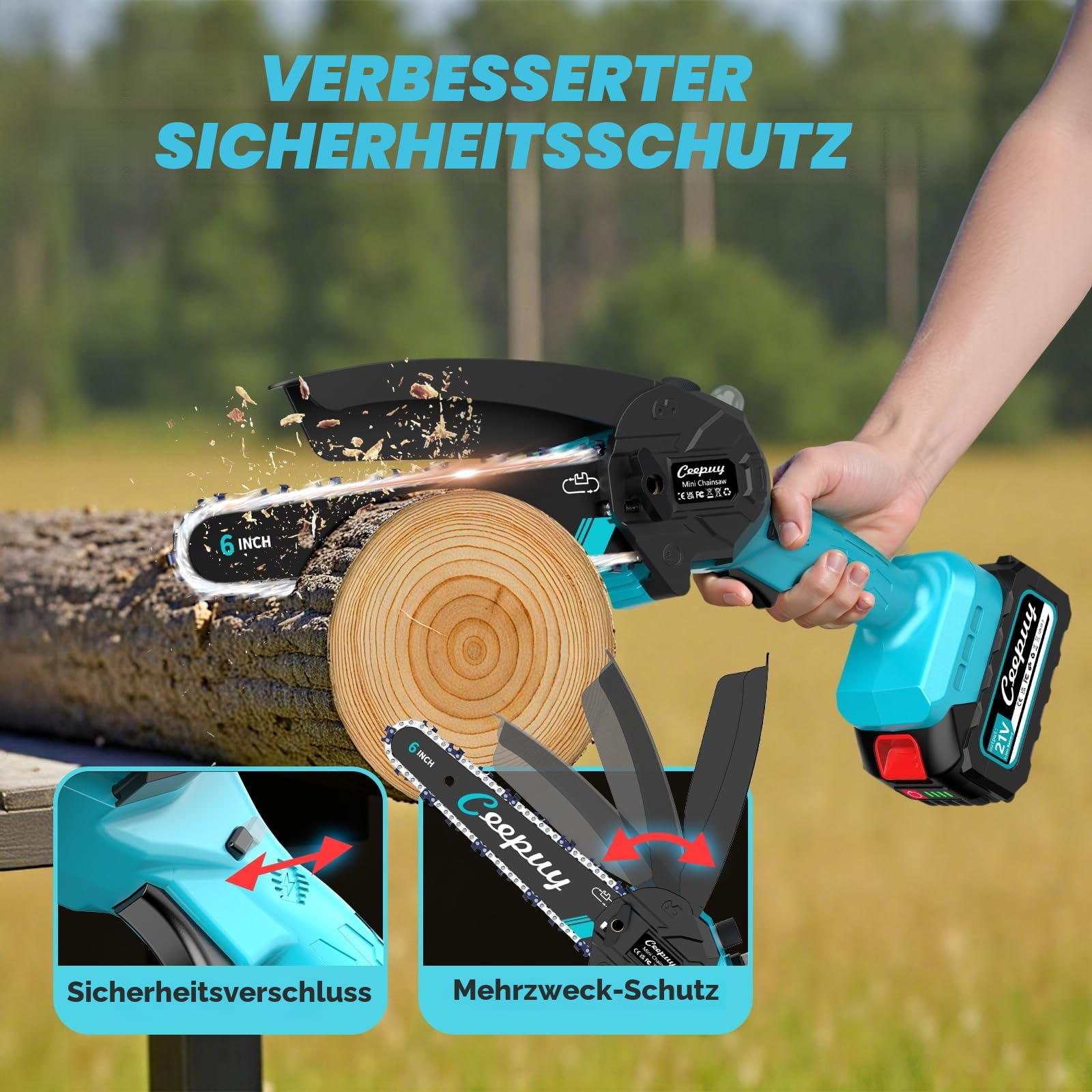 Mini Akku Kettensäge 6 Zoll mit 2x 4000 mAh Akku, 880 W Reinkupfermotor, Sicherheitsverriegelung – Elektrische Handkettensäge für Garten, Äste und Holz