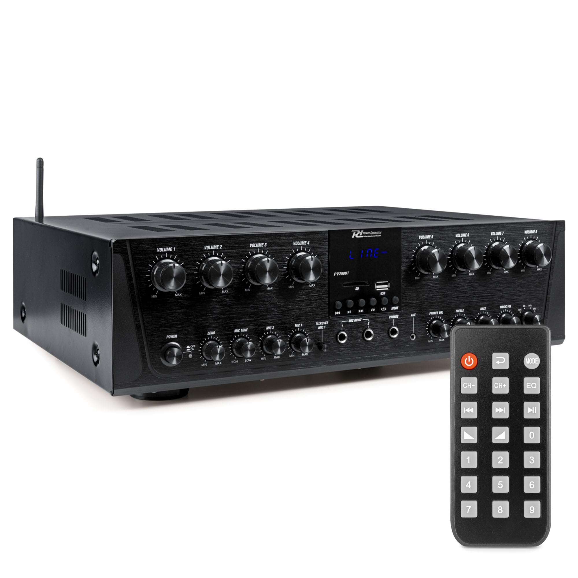 Power Dynamics PV280BT Verstärker mit Bluetooth - 8 Kanal Bluetooth-Receiver mit 800 Watt Leistung, MP3-Player, FM Radio - für Karaoke geeignet, inklusiv Fernbedienung - Schwarz
