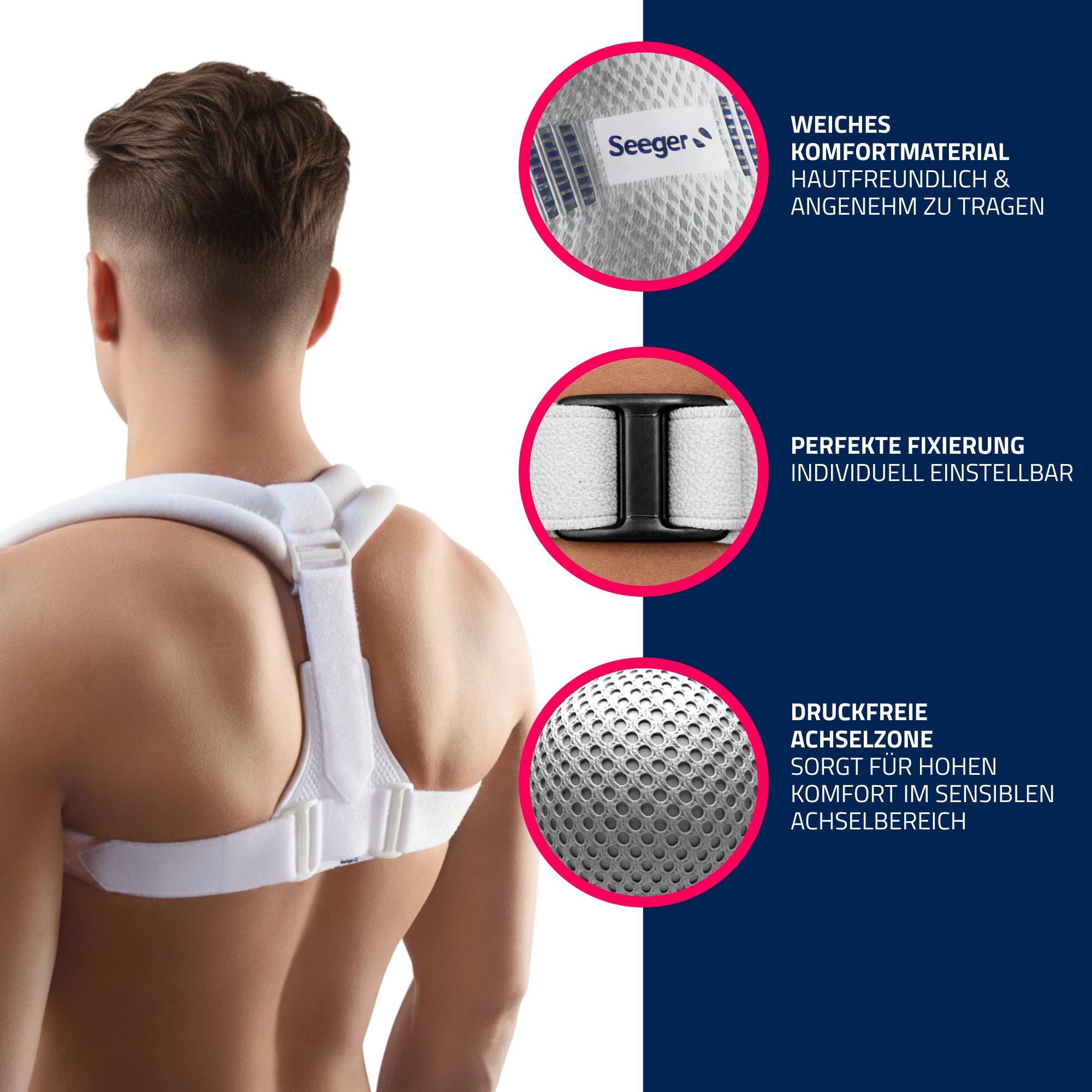 Seeger Rücken Geradehalter & Haltungskorrektur – Rückenstützgürtel für Damen und Herren, Schultergurt Haltungskorrektur für geraden Rücken, Clavicula Bandage, verstellbar, Made in Germany