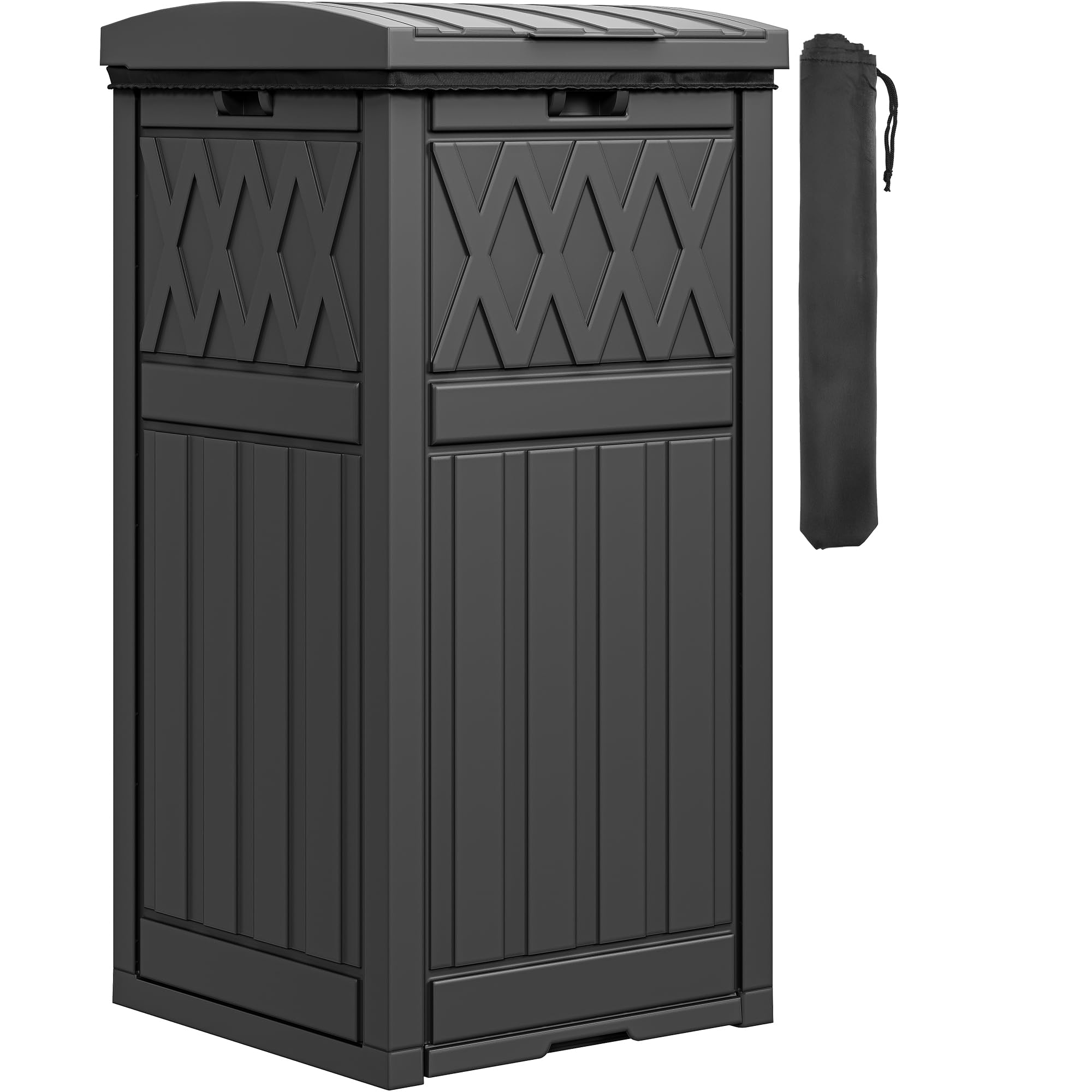 DWVO36-Gallon Outdoor Trash Can with Fabric Bag, Tiered Lid & Drip Tray, Waterproof Resin Garbage Bin for Patio, Deck, and Backyard, BlackGlobal Recycled StandardGlobal Recycled StandardGlobal Recycled Standard