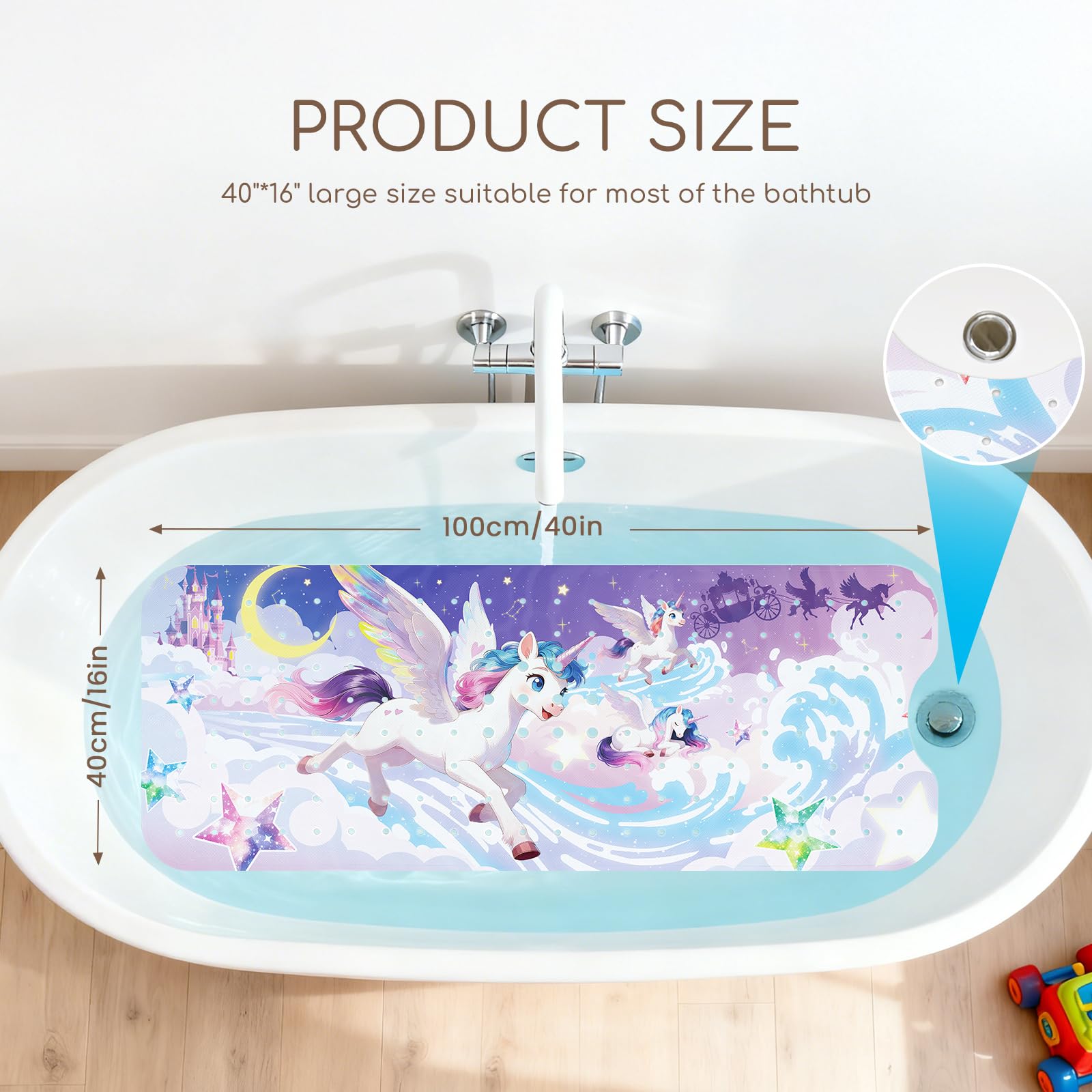 Tappeto Tappetino Doccia Antiscivolo Vasca Antiscivolo da Doccia Bagno per Bambino Bambini 100x40cm, con 200 Ventose, Senza BPA e Lavabile in Lavatrice - Unicorno