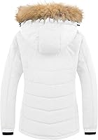 Vista 2 de Pursky Chaqueta de esquí impermeable para mujer, abrigo de nieve acolchado de invierno, abrigo de piel con capucha