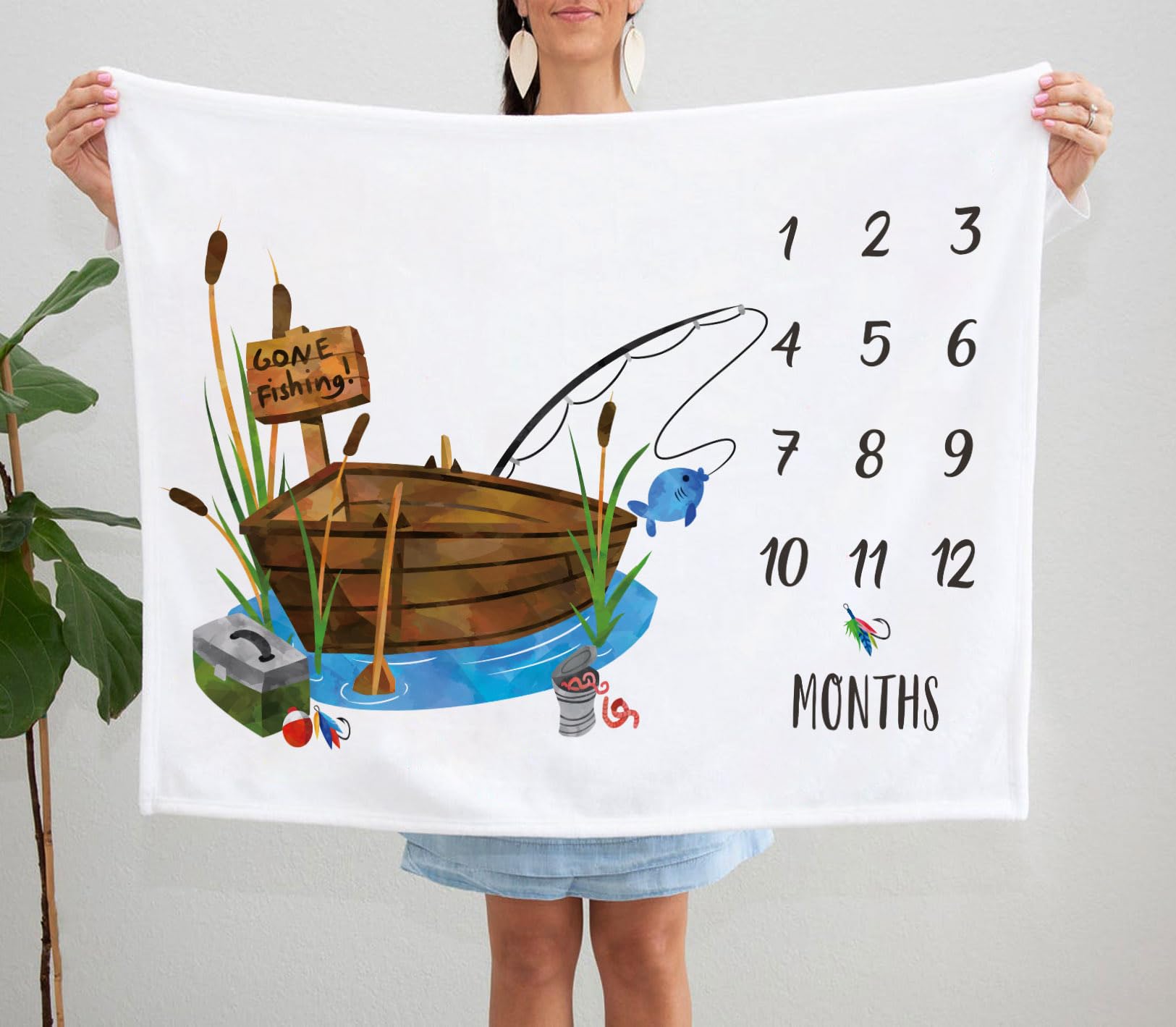 Yuzioey Manta mensual de Pesca para bebé, Tabla de Crecimiento para bebé, Manta de Fotos de hitos, Barco de Pesca recién Nacido, Incluye Marcador (50 x 40 Pulgadas)