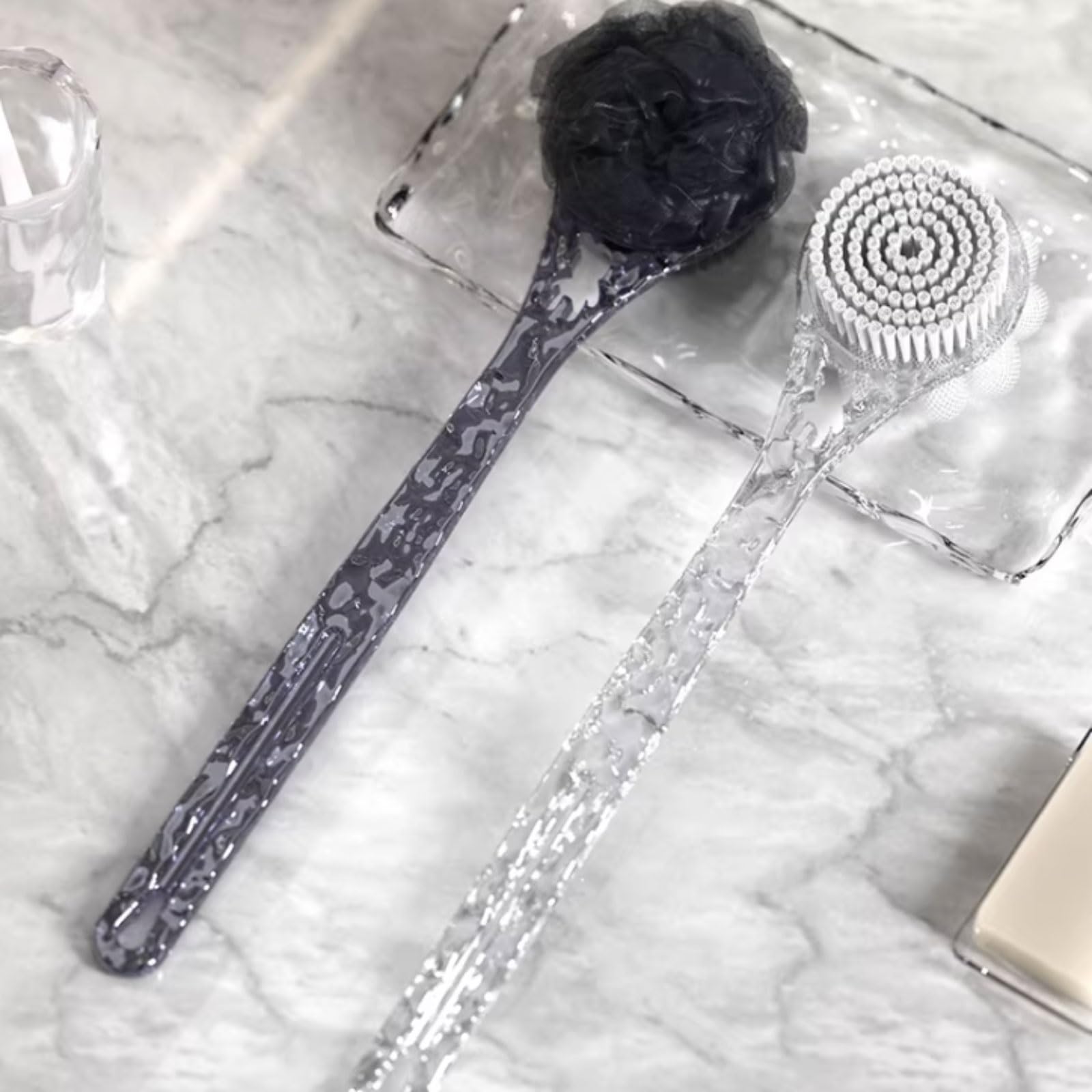 Lekka plastikowa myjka pod prysznic z miękkim sztywnym włosiem, dwustronna wanna z długim uchwytem, dla mężczyzn i kobiet szybkoschnąca (Clear+Black)