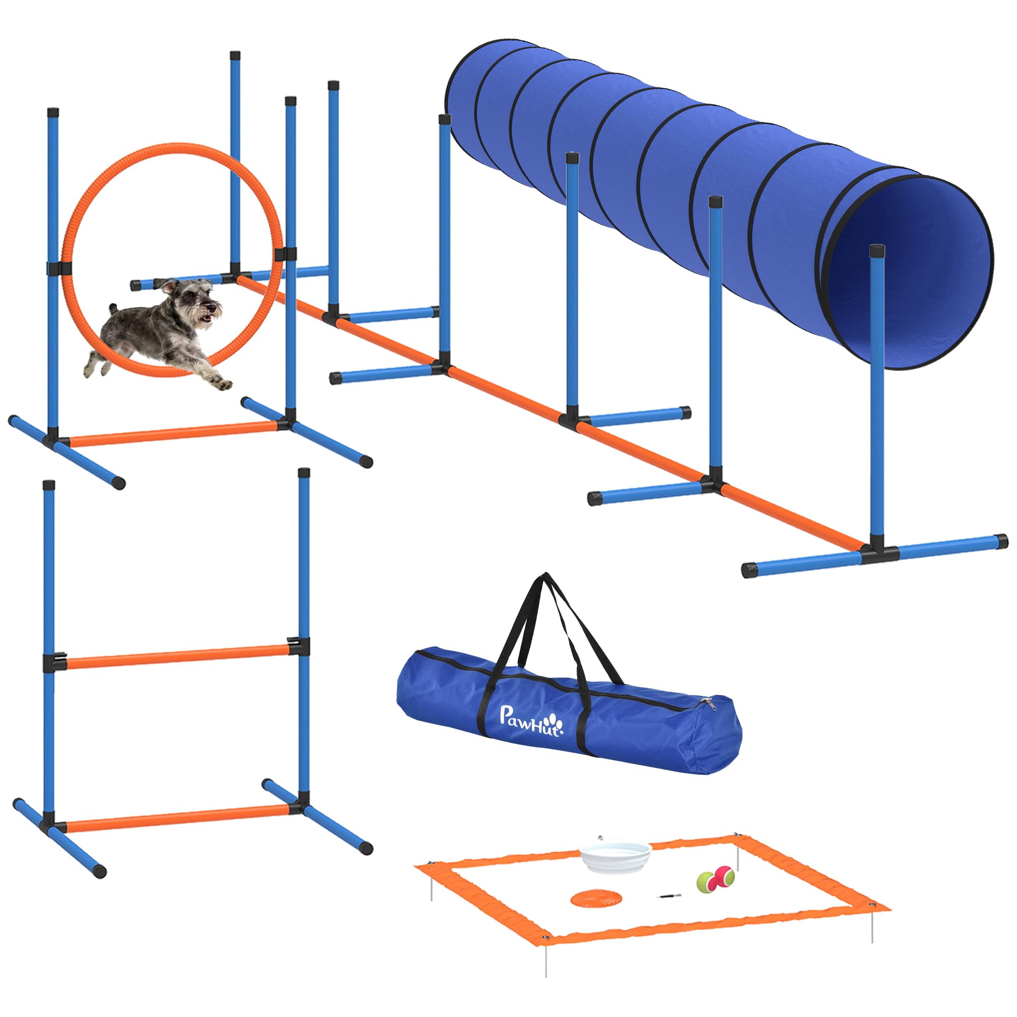 PawHut Zestaw do treningu psów dla Agility 8-częściowy zestaw tuneli | Regulowane przeszkody, pierścień do skakania, platforma do przerwy, miska, zabawka, torba do noszenia, do ogrodu
