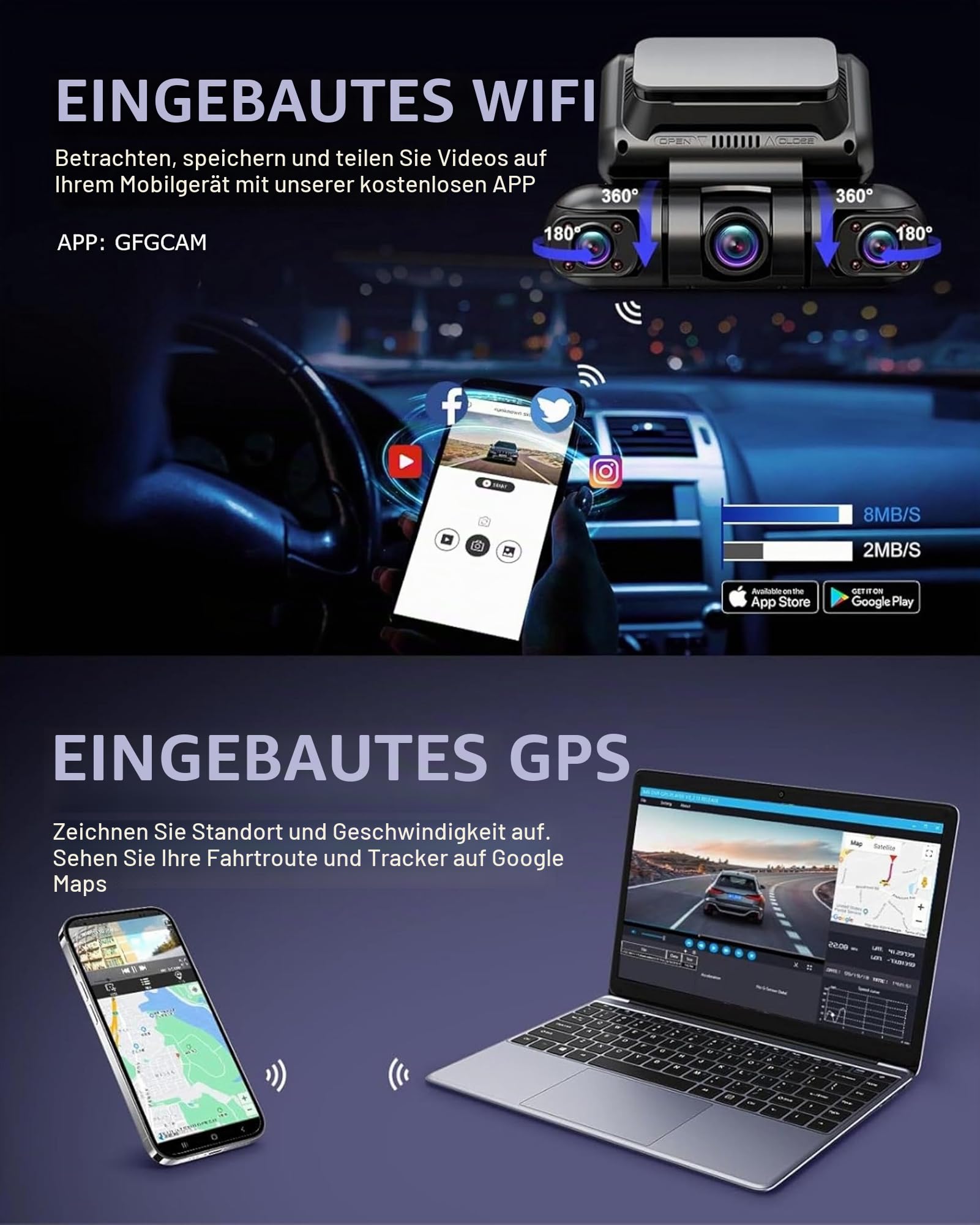 Rhorawill 4 Kanal Dashcam Auto Radar Bewegungserkennung Dash Cam,1080P 3.0"