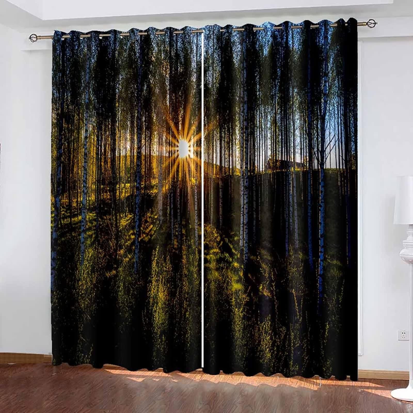 Rideau Chambre, Rideau Cuisine Long Multicolore Polyester Paysage de Lever de Soleil en Forêt 214L x 274H CM Lot de 2