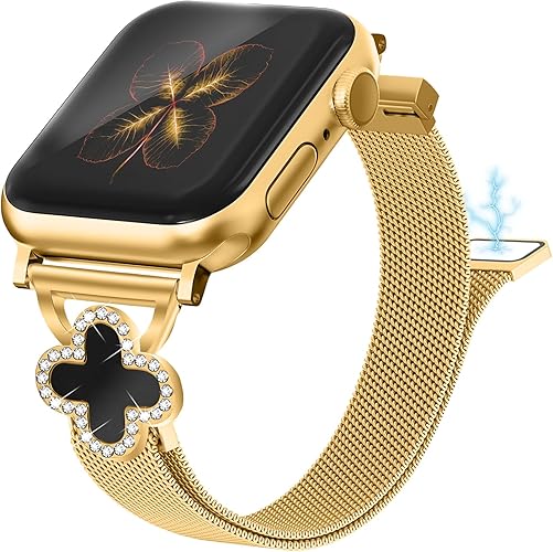 Joyozy Slim Metal Band Compatible with Apple Watch Band 38mm 40mm 41mm 42mm 44mm 45mm 46mm 49mm Skinny Magnetic Strap with Bling Charms, Cute Stainless Steel Band, Dressy Thin iWatch Bracelet for Women