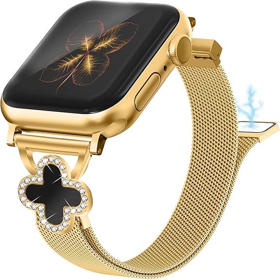 Joyozy Slim Metal Band Compatible with Apple Watch Band 38mm 40mm 41mm 42mm 44mm 45mm 46mm 49mm Skinny Magnetic Strap with Bling Charms, Cute Stainless Steel Band, Dressy Thin iWatch Bracelet for Women