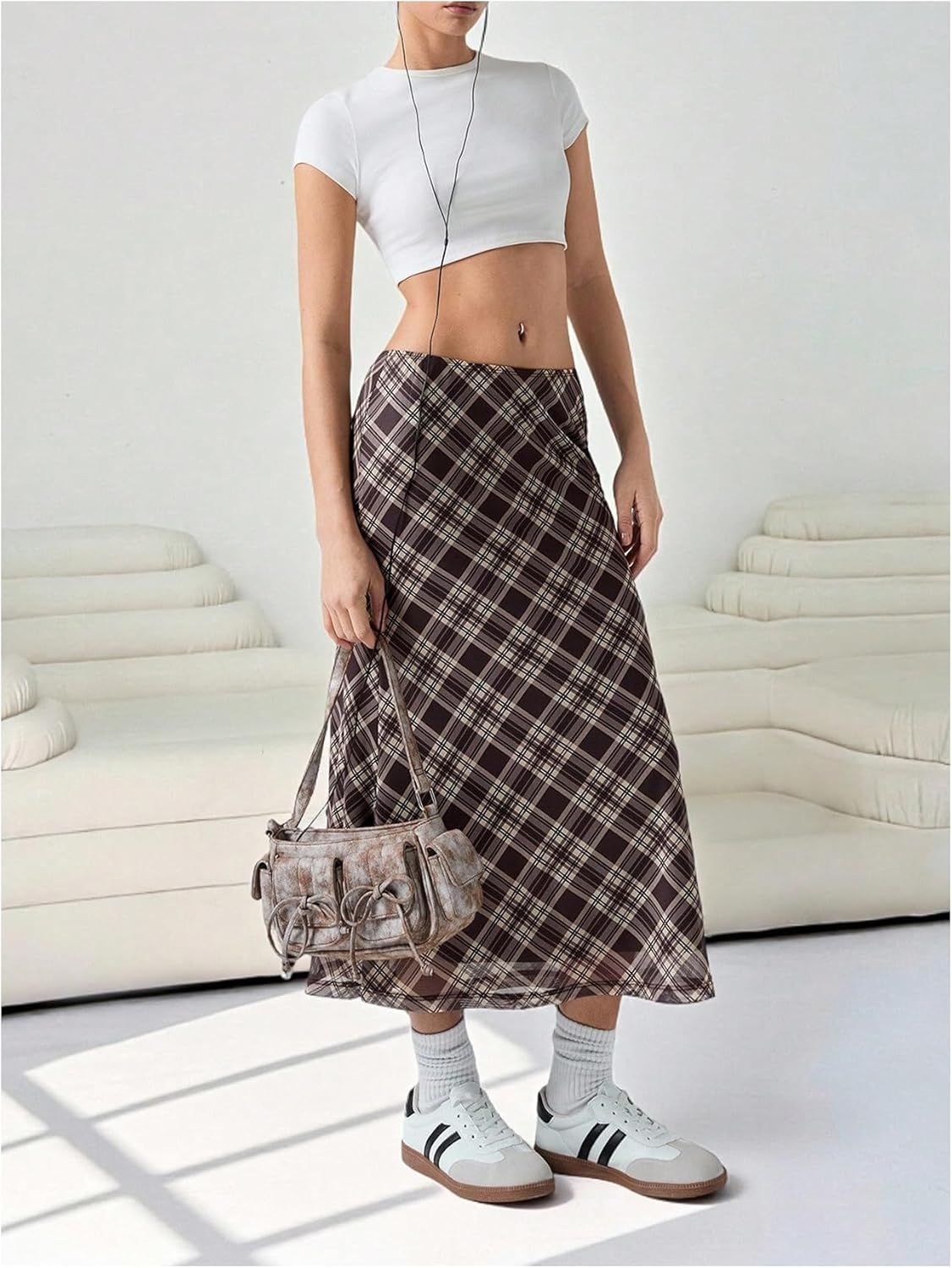 SHENHE Women's Y2k Mesh Plaid Skirt Low Rise A Line Flared Vintage Fall Midi Skirt - Image 5