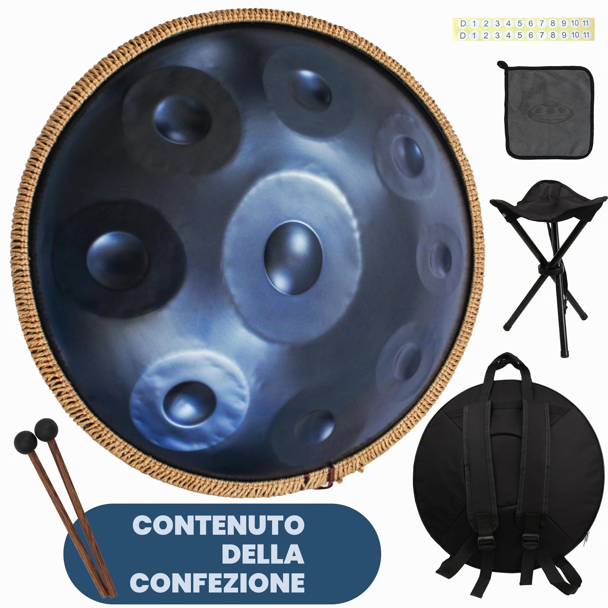 Blue Harmonic Handpan, tamburo a mano in D-Moll, 9 toni, 22 pollici, con custodia, percussioni per la guarigione del suono, meditazione personale, yoga