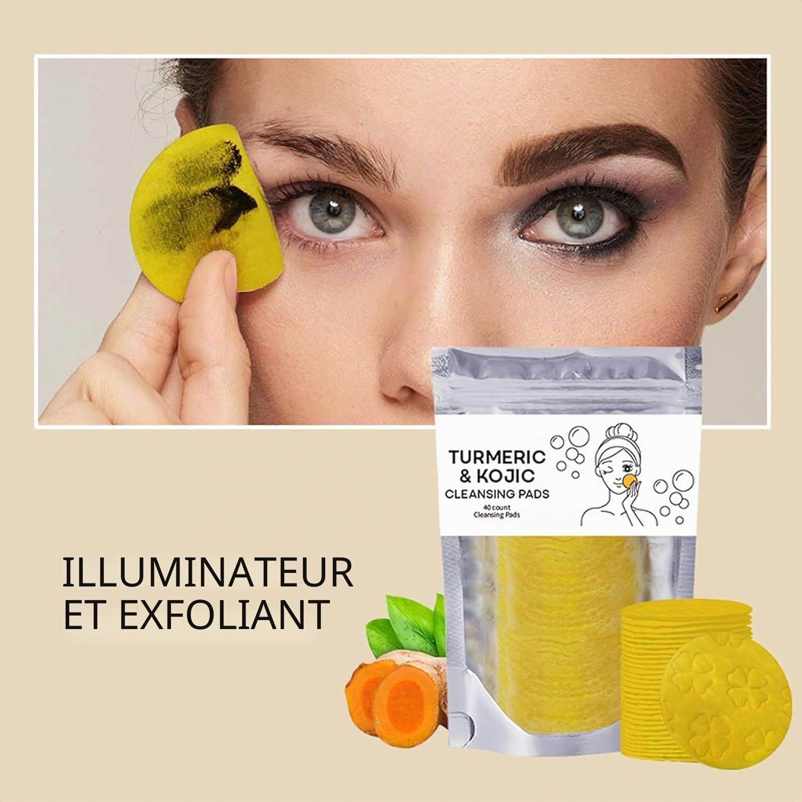 Ensemble Trois Pièces pour Lavage et Soins au Curcuma, Nettoyant Facial Avec Brosse, Tampons Gommants pour le Visage, Pain de Savon, Filet Moussant pour Savon, Ensemble de Nettoyage en Profondeur