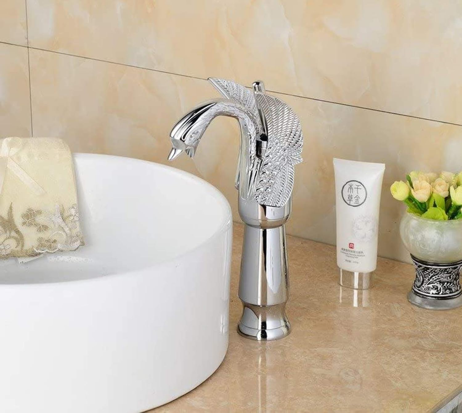 Chrome Swan Bathroom Faucet Single Handle One Hole Bathroom Vessel Sink Faucet Deck Mount Lavatory Sink Faucet