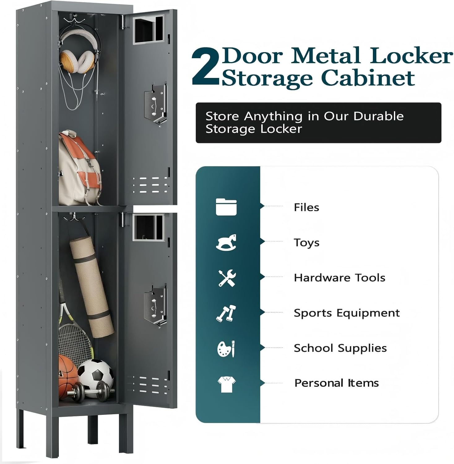 BUTISOW Metal Storage Locker with Lock & Card Slot Locker - Secure Lockable Door - Steel Locker for School, Office, Gym, Home - 66.15" H x 11.8" W x 11.8" D（2 Door, Grey）