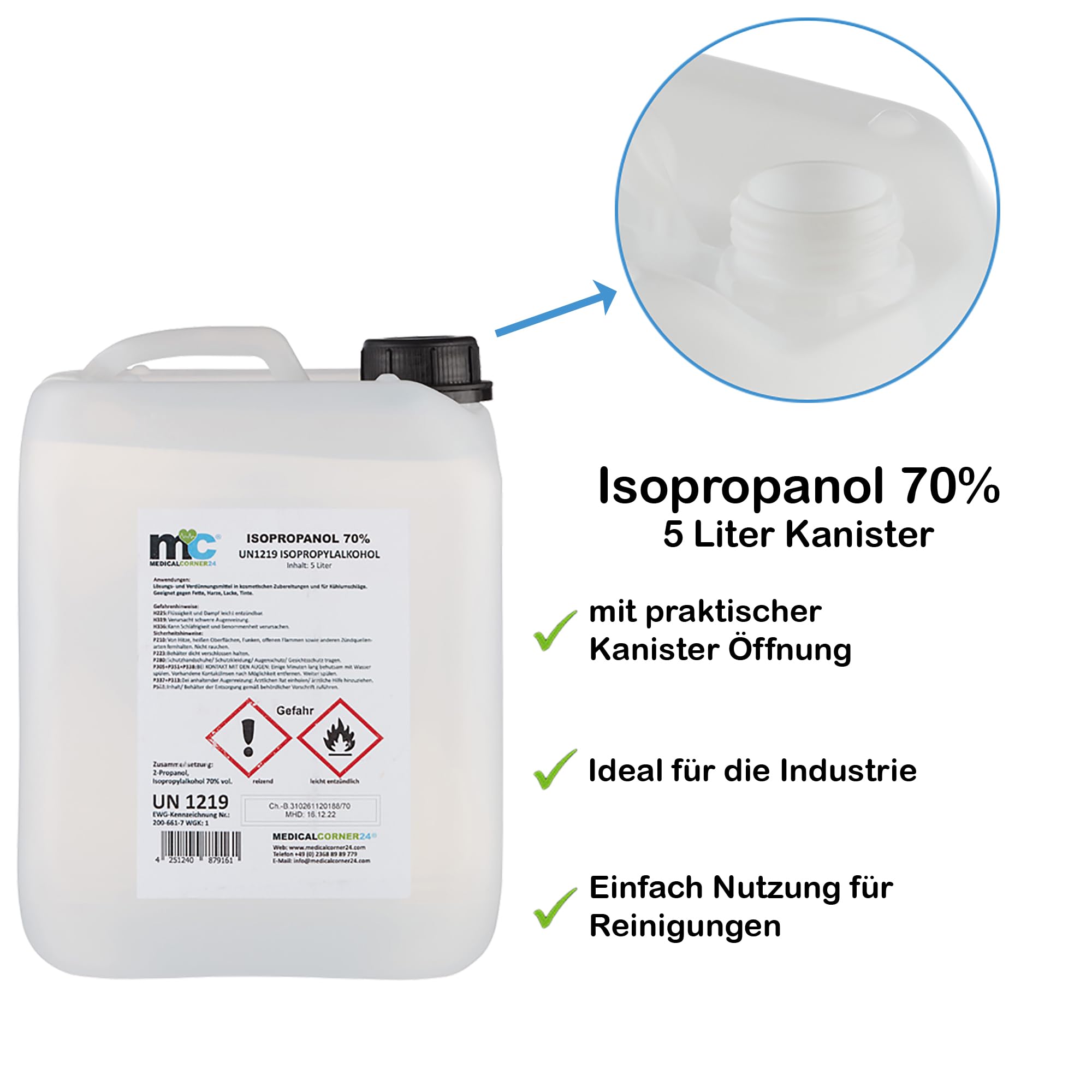 Medicalcorner24 Isopropanol 70% isopropylalkohol Garrafa de 4 x 5 l, Alcohol