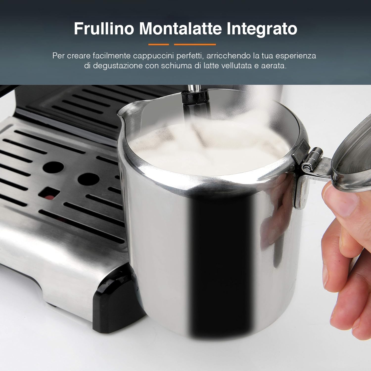 Avilia Macchina per Caffè Espresso Compatibile con Cialde e Caffè Macinato - per 1 o 2 Tazze con Frullino Montalatte, in Acciaio Inox, 32x19.3x31.5cm, 1200W, 15bar, Nero