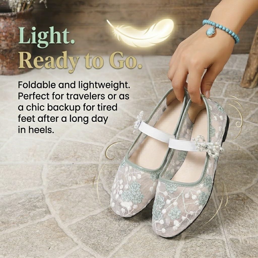 Ballerina trasparente per le donne ballerine floreali in rete ricamata Mary Jane punta rotonda traspirante confortevole cinturino con fiocco floreale ricamato ballerine scarpe