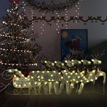 Gold Reindeer and Sleigh Christmas Decoration Set, 6 Festive Figures, Indoor Outdoor LED Warm White Lights, 16.4 ft Cable, USB Plug