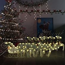 Gold Reindeer and Sleigh Christmas Decoration Set, 6 Festive Figures, Indoor Outdoor LED Warm White Lights, 16.4 ft Cable, USB Plug