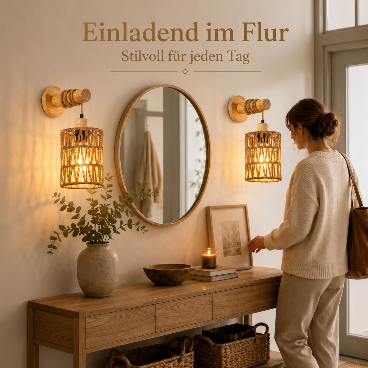 2er-Pack Vintage-Boho-Wandleuchten aus Holz und Rattan, E27 | Handgeflochtener Schirm, Festverdrahtet Wandlampe Vintage, Boho für Schlafzimmer, Wohnzimmer, Flur und Treppenhaus