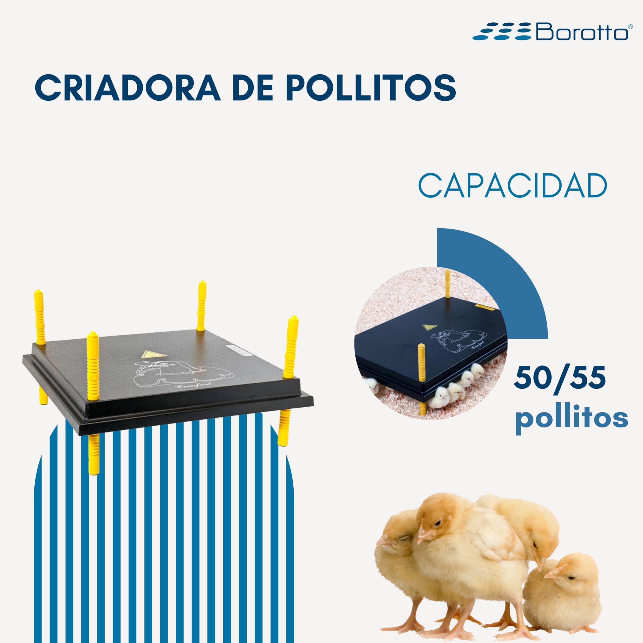 Borotto Criadora de Pollitos - Placa de Calor - Altura Ajustable - Bajo Consumo (50/55 Pulgadas)