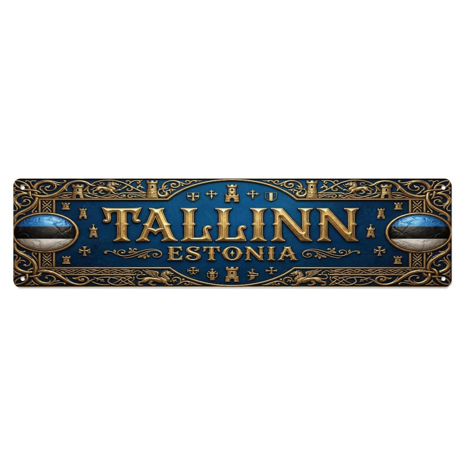 Vintage Tallinn Estonia Flag Pattern Metal Tin Sign