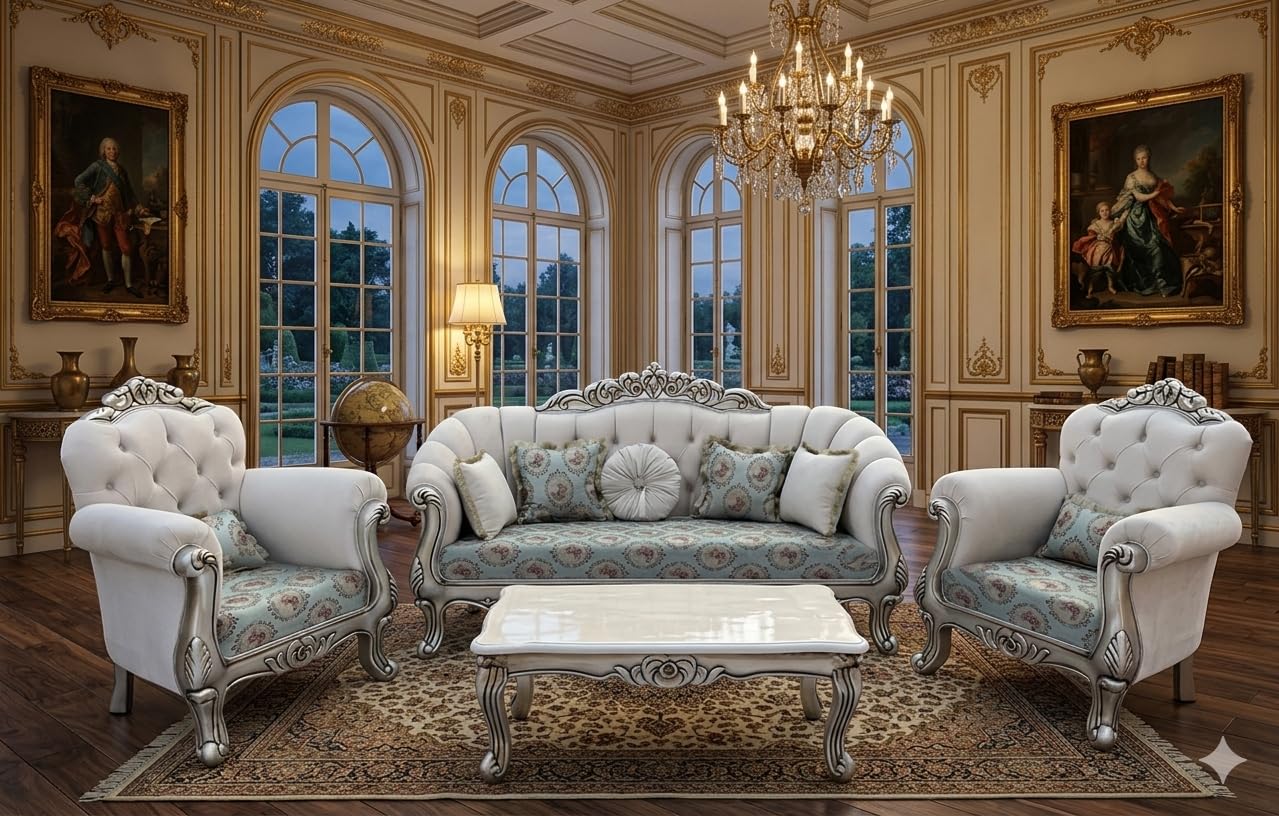 Traditional 5-Seater Sofa Set, Carved Wooden Frame, Floral Upholstery, Brown and White (5SEATERSOFAWITHTABLE5)-image-30