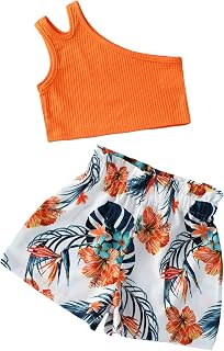 Girls' Single Shoulder Asymmetrical Neck Sleeveless Cami Top & Tropical Print Paperbag Waist Shorts