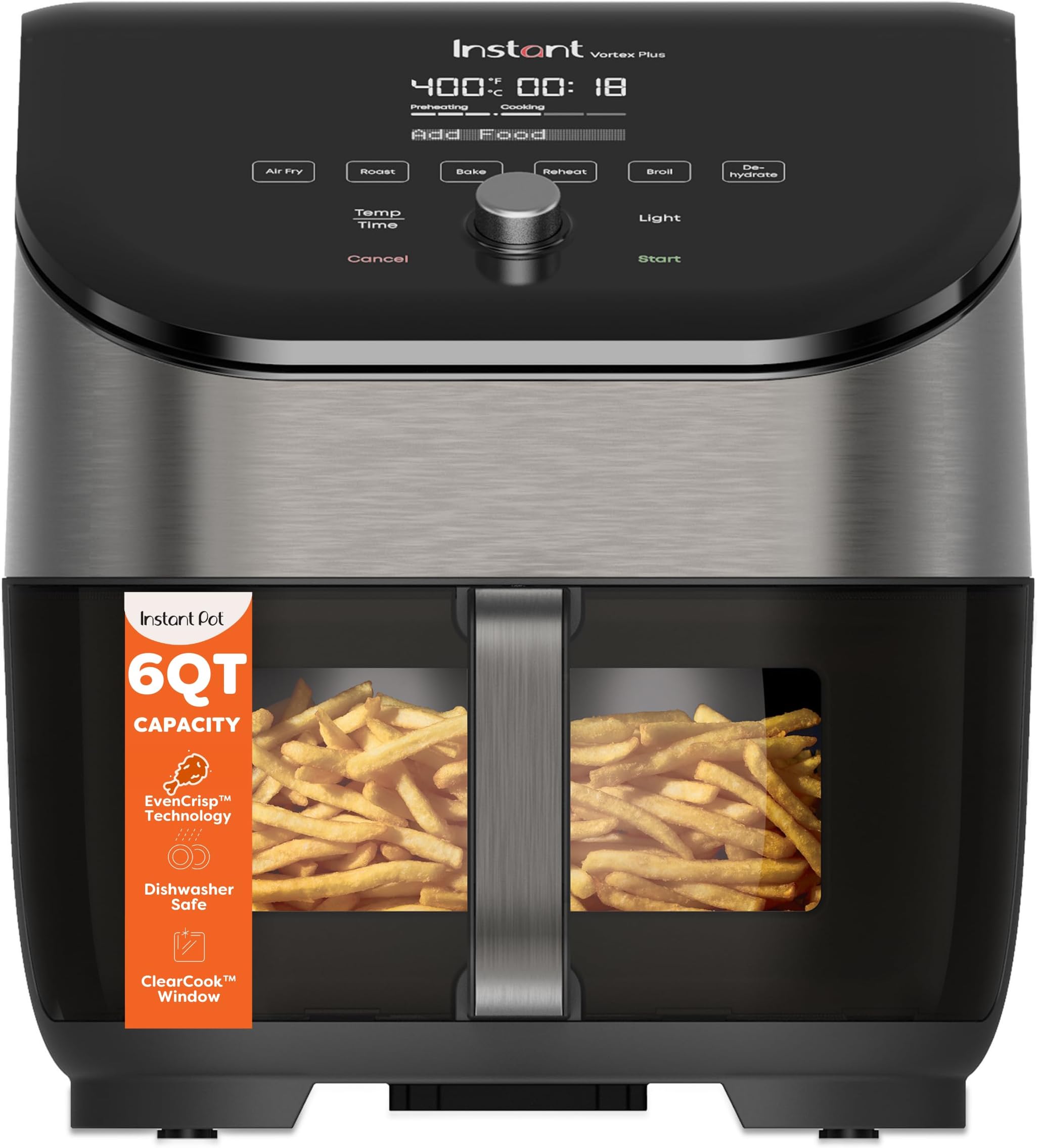 Vortex Plus 6QT Air Fryer with Odor Erase Technology,6-in-1 Functions that Crisps,Roasts, Broils,Dehydrates, Bakes & Reheats, 100+In-App Recipes, from the Makers of Instant Pot,1700W,Black